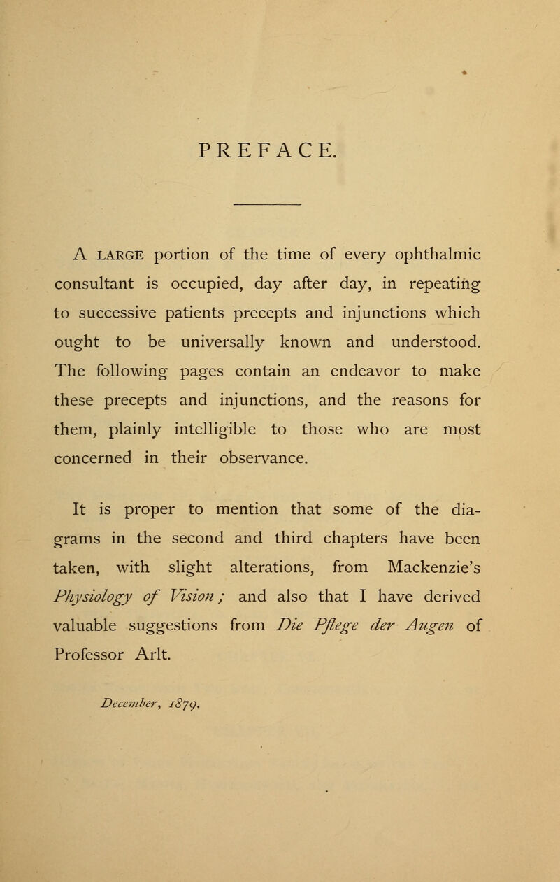 PREFACE. A large portion of the time of every ophthalmic consultant is occupied, day after day, in repeating to successive patients precepts and injunctions which ought to be universally known and understood. The following pages contain an endeavor to make these precepts and injunctions, and the reasons for them, plainly intelligible to those who are most concerned in their observance. It is proper to mention that some of the dia- grams in the second and third chapters have been taken, with slight alterations, from Mackenzie's Physiology of Vision; and also that I have derived valuable suggestions from Die Pflege der Aug en of Professor Arlt. December, s8y<p.