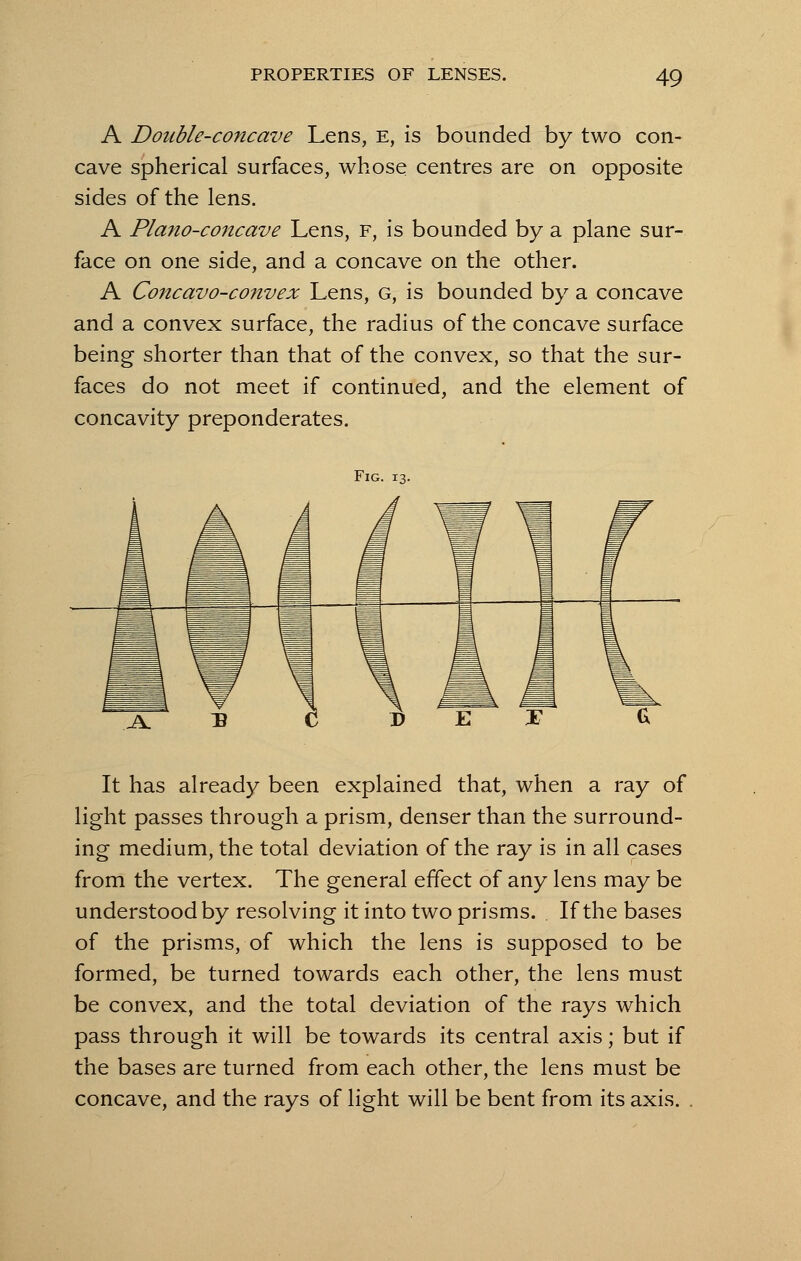 A Double-concave Lens, e, is bounded by two con- cave spherical surfaces, whose centres are on opposite sides of the lens. A Plano-concave Lens, f, is bounded by a plane sur- face on one side, and a concave on the other. A Concavo-convex Lens, g, is bounded by a concave and a convex surface, the radius of the concave surface being shorter than that of the convex, so that the sur- faces do not meet if continued, and the element of concavity preponderates. Fig. It has already been explained that, when a ray of light passes through a prism, denser than the surround- ing medium, the total deviation of the ray is in all cases from the vertex. The general effect of any lens may be understood by resolving it into two prisms. . If the bases of the prisms, of which the lens is supposed to be formed, be turned towards each other, the lens must be convex, and the total deviation of the rays which pass through it will be towards its central axis; but if the bases are turned from each other, the lens must be concave, and the rays of light will be bent from its axis. .