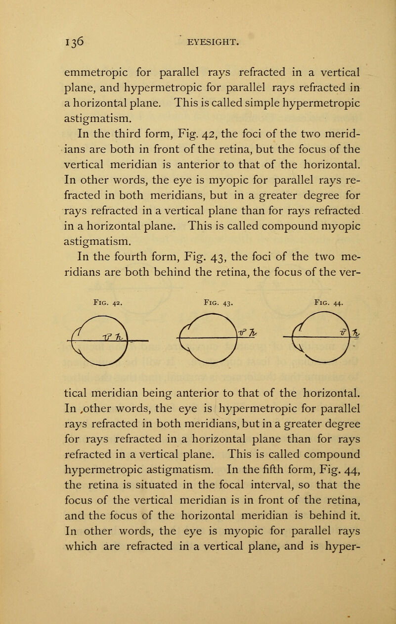 emmetropic for parallel rays refracted in a vertical plane, and hypermetropic for parallel rays refracted in a horizontal plane. This is called simple hypermetropic astigmatism. In the third form, Fig. 42, the foci of the two merid- ians are both in front of the retina, but the focus of the vertical meridian is anterior to that of the horizontal. In other words, the eye is myopic for parallel rays re- fracted in both meridians, but in a greater degree for rays refracted in a vertical plane than for rays refracted in a horizontal plane. This is called compound myopic astigmatism. In the fourth form, Fig. 43, the foci of the two me- ridians are both behind the retina, the focus of the ver- Fig. 42. Fig. 43. Fig. 44. tical meridian being anterior to that of the horizontal. In .other words, the eye is hypermetropic for parallel rays refracted in both meridians, but in a greater degree for rays refracted in a horizontal plane than for rays refracted in a vertical plane. This is called compound hypermetropic astigmatism. In the fifth form, Fig. 44, the retina is situated in the focal interval, so that the focus of the vertical meridian is in front of the retina, and the focus of the horizontal meridian is behind it. In other words, the eye is myopic for parallel rays which are refracted in a vertical plane, and is hyper-