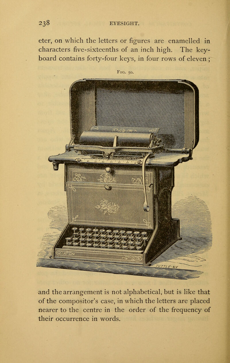 eter, on which the letters or figures are enamelled in characters five-sixteenths of an inch high. The key- board contains forty-four keys, in four rows of eleven ; Fig. 50. and the arrangement is not alphabetical, but is like that of the compositor's case, in which the letters are placed nearer to the centre in the order of the frequency of their occurrence in words.