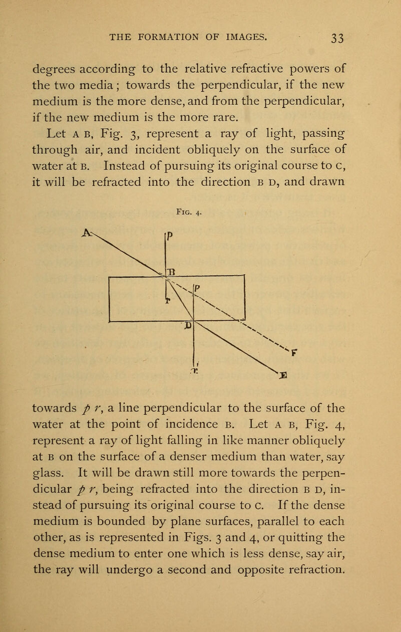 degrees according to the relative refractive powers of the two media; towards the perpendicular, if the new medium is the more dense, and from the perpendicular, if the new medium is the more rare. Let a b, Fig. 3, represent a ray of light, passing through air, and incident obliquely on the surface of water at b. Instead of pursuing its original course to c, it will be refracted into the direction b d, and drawn Fig. 4. towards p ry a line perpendicular to the surface of the water at the point of incidence b. Let a b, Fig. 4, represent a ray of light falling in like manner obliquely at b on the surface of a denser medium than water, say glass. It will be drawn still more towards the perpen- dicular p r, being refracted into the direction b d, in- stead of pursuing its original course to c. If the dense medium is bounded by plane surfaces, parallel to each other, as is represented in Figs. 3 and 4, or quitting the dense medium to enter one which is less dense, say air, the ray will undergo a second and opposite refraction.