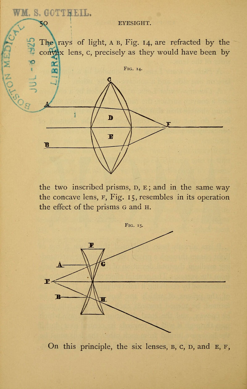 WM. S. GCTT?EIL. EYESIGHT. '^j Th^Arays of light, A b, Fig. 14, are refracted by the - coiwbx lens, c, precisely as they would have been by the two inscribed prisms, D, e ; and in the same way the concave lens, f, Fig. 15, resembles in its operation the effect of the prisms g and h. Fig. 15. On this principle, the six lenses, b, c, d, and e, f,