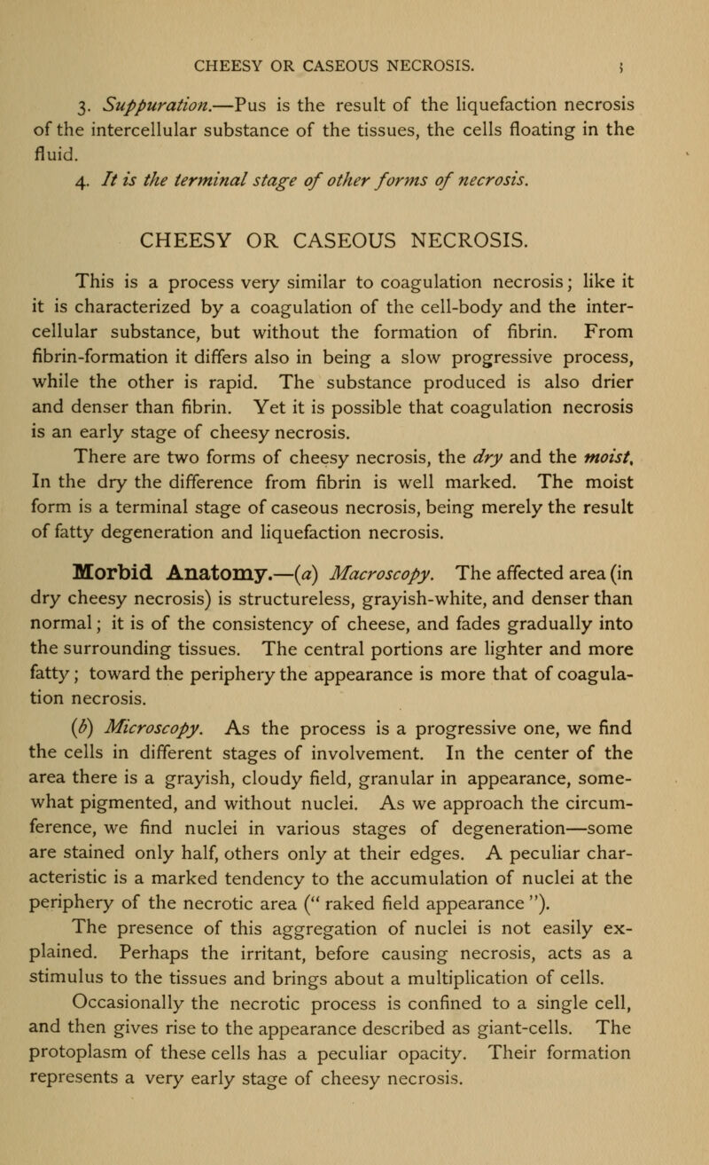 3. Suppuration.—Pus is the result of the liquefaction necrosis of the intercellular substance of the tissues, the cells floating in the fluid. 4. It is the terminal stage of other forms of necrosis. CHEESY OR CASEOUS NECROSIS. This is a process very similar to coagulation necrosis; like it it is characterized by a coagulation of the cell-body and the inter- cellular substance, but without the formation of fibrin. From fibrin-formation it differs also in being a slow progressive process, while the other is rapid. The substance produced is also drier and denser than fibrin. Yet it is possible that coagulation necrosis is an early stage of cheesy necrosis. There are two forms of cheesy necrosis, the dry and the moist. In the dry the difference from fibrin is well marked. The moist form is a terminal stage of caseous necrosis, being merely the result of fatty degeneration and liquefaction necrosis. Morbid Anatomy.—id) Macros copy. The affected area (in dry cheesy necrosis) is structureless, grayish-white, and denser than normal; it is of the consistency of cheese, and fades gradually into the surrounding tissues. The central portions are lighter and more fatty; toward the periphery the appearance is more that of coagula- tion necrosis. {b) Microscopy. As the process is a progressive one, we find the cells in different stages of involvement. In the center of the area there is a grayish, cloudy field, granular in appearance, some- what pigmented, and without nuclei. As we approach the circum- ference, we find nuclei in various stages of degeneration—some are stained only half, others only at their edges. A peculiar char- acteristic is a marked tendency to the accumulation of nuclei at the periphery of the necrotic area ( raked field appearance ). The presence of this aggregation of nuclei is not easily ex- plained. Perhaps the irritant, before causing necrosis, acts as a stimulus to the tissues and brings about a multiplication of cells. Occasionally the necrotic process is confined to a single cell, and then gives rise to the appearance described as giant-cells. The protoplasm of these cells has a peculiar opacity. Their formation represents a very early stage of cheesy necrosis.