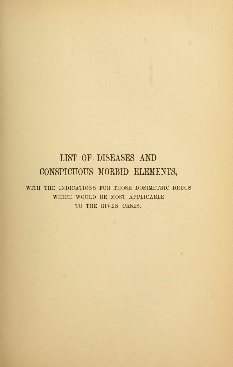 LIST OF DISEASES AND CONSPICUOUS MOEBID ELEMENTS, WITH THE INDICATIONS FOR THOSE DOSIMETRIC DRUGS WHICH WOULD BE MOST APPLICABLE TO THE GIVEN CASES.