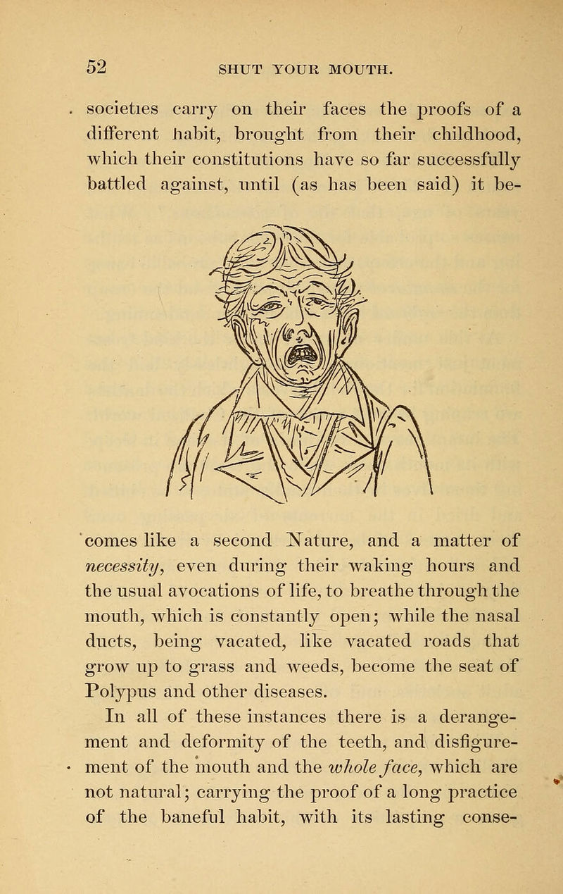 societies carry on their faces the proofs of a different habit, brought from tlieir childhood, which their constitutions have so far successfully battled against, until (as has been said) it be- comes like a second JN^ature, and a matter of necessity, even during their waking hours and the usual avocations of life, to breathe through the mouth, which is constantly open; while the nasal ducts, being vacated, like vacated roads that grow up to grass and weeds, become the seat of Polypus and other diseases. In all of these instances there is a derange- ment and deformity of the teeth, and disfigure- ment of the mouth and the whole face, which are not natural; carrying the proof of a long practice of the baneful habit, with its lasting conse-