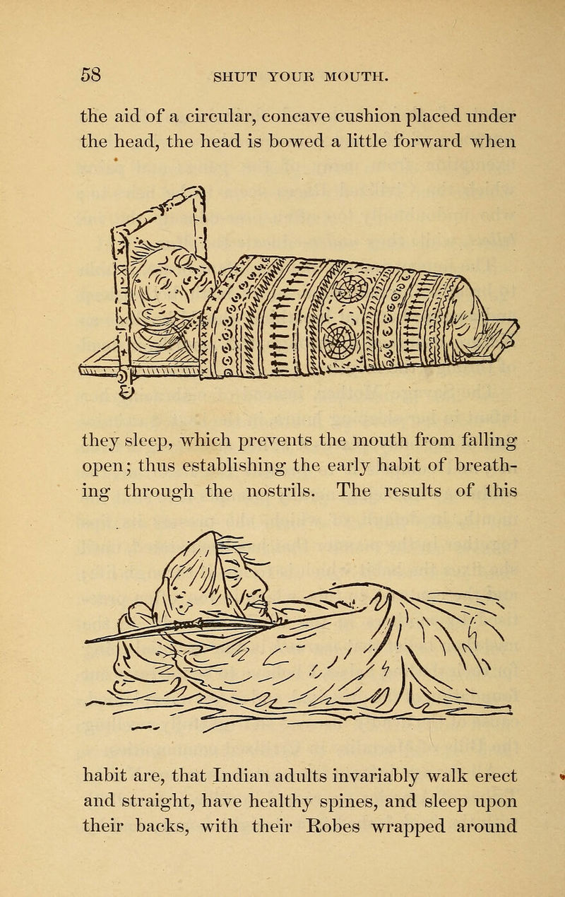 the aid of a circular, concave cushion placed under the head, the head is bowed a little forward when I r they sleep, which prevents the mouth from falling open; thus establishing the early habit of breath- ing through the nostrils. The results of this habit are, that Indian adults invariably walk erect and straight, have healthy spines, and sleep upon their backs, with their Robes wrapped around