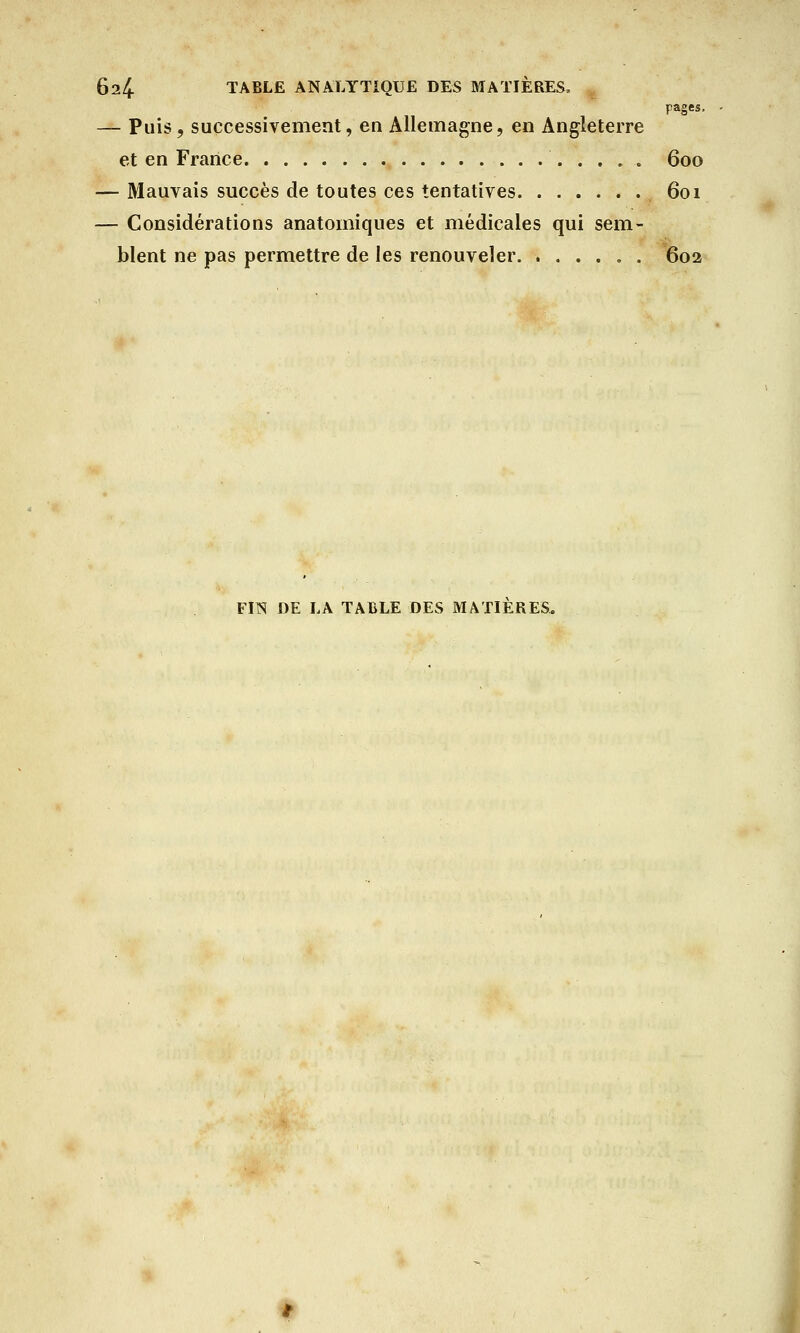 62^ TABLE ANALYTIQUE DES MATIÈRES. . pages. — Puis, successivement, en Allemagne, en Angleterre et en France 600 — Mauvais succès de toutes ces tentatives 601 — Considérations anatomiques et médicales qui sem- blent ne pas permettre de les renouveler 602 FIN DE LA TABLE DES MATIERES.