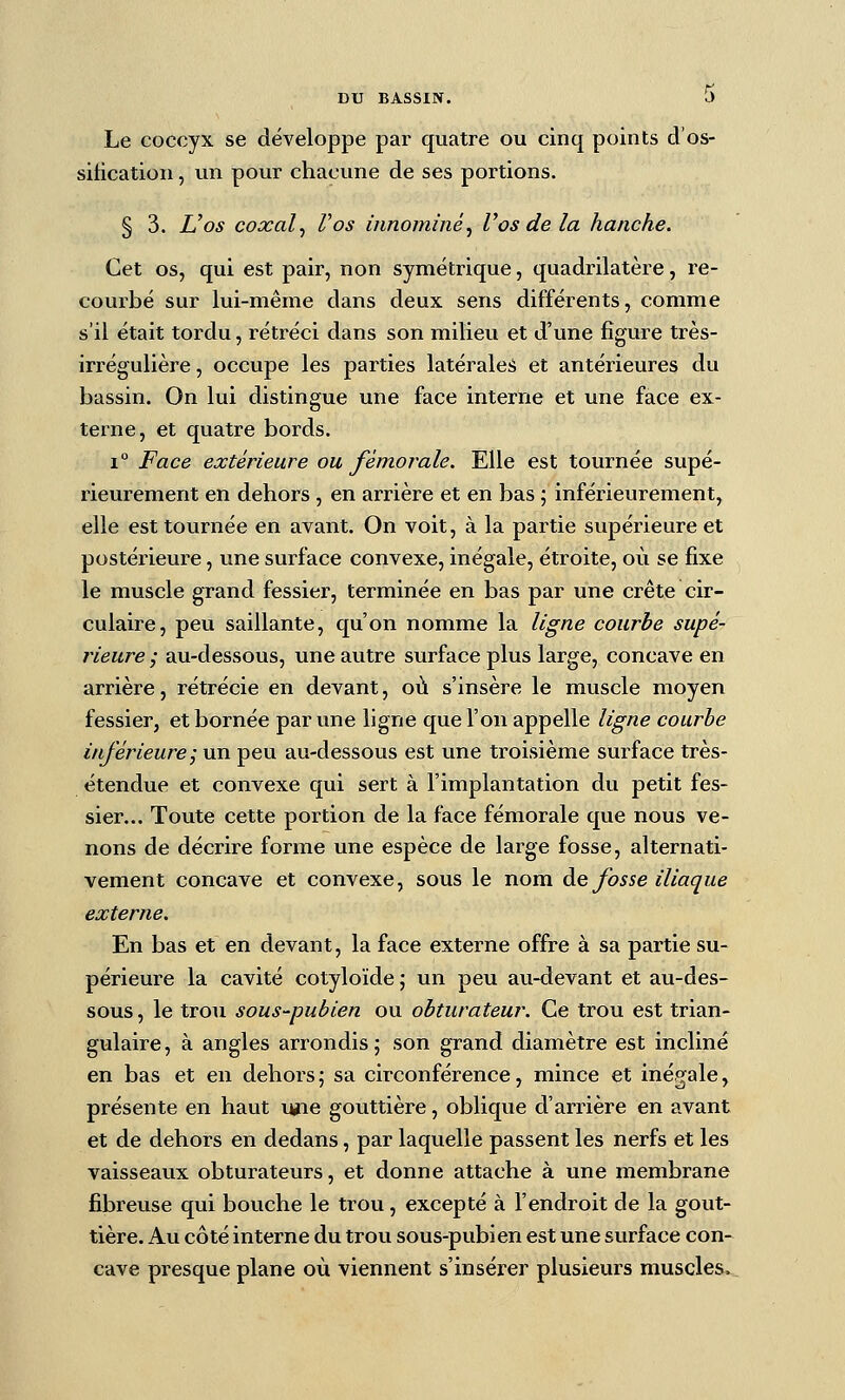 Le coccyx se développe par quatre ou cinq points d'os- sitication, un pour chacune de ses portions. § 3. Vos coxal^ Vos iimominé^ Vos de la hanche. Cet os, qui est pair, non symétrique, quadrilatère, re- courbé sur lui-même dans deux sens différents, comme s'il était tordu, rétréci dans son milieu et d'une figure très- irrégulière, occupe les parties latéralcià et antérieures du bassin. On lui distingue une face interne et une face ex- terne, et quatre bords. 1° Face extérieure ou fémorale. Elle est tournée supé- rieurement en dehors , en arrière et en bas ; inférieurement, elle est tournée en avant. On voit, à la partie supérieure et postéi-ieure, une surface convexe, inégale, étroite, où se fixe le muscle grand fessier, terminée en bas par une crête cir- culaire, peu saillante, qu'on nomme la ligne courbe supé- rieure ; au-dessous, une autre surface plus large, concave en arrière, rétrécie en devant, où s'insère le muscle moyen fessier, et bornée par une ligne que l'on appelle ligne courbe inférieure; un peu au-dessous est une troisième surface très- étendue et convexe qui sert à l'implantation du petit fes- sier... Toute cette portion de la face fémorale que nous ve- nons de décrire forme une espèce de large fosse, alternati- vement concave et convexe, sous le nom àe fosse iliaque externe. En bas et en devant, la face externe offre à sa partie su- périeure la cavité cotyloïde ; un peu au-devant et au-des- sous , le trou sous-pubien ou obturateur. Ce trou est trian- gulaire , à angles arrondis ; son grand diamètre est incliné en bas et en dehorsj sa circonférence, mince et inégale, présente en haut une gouttière, oblique d'arrière en avant et de dehors en dedans, par laquelle passent les nerfs et les vaisseaux obturateurs, et donne attache à une membrane fibreuse qui bouche le trou, excepté à l'endroit de la gout- tière. Au côté interne du trou sous-pubien est une surface con- cave presque plane où viennent s'insérer plusieurs muscles.