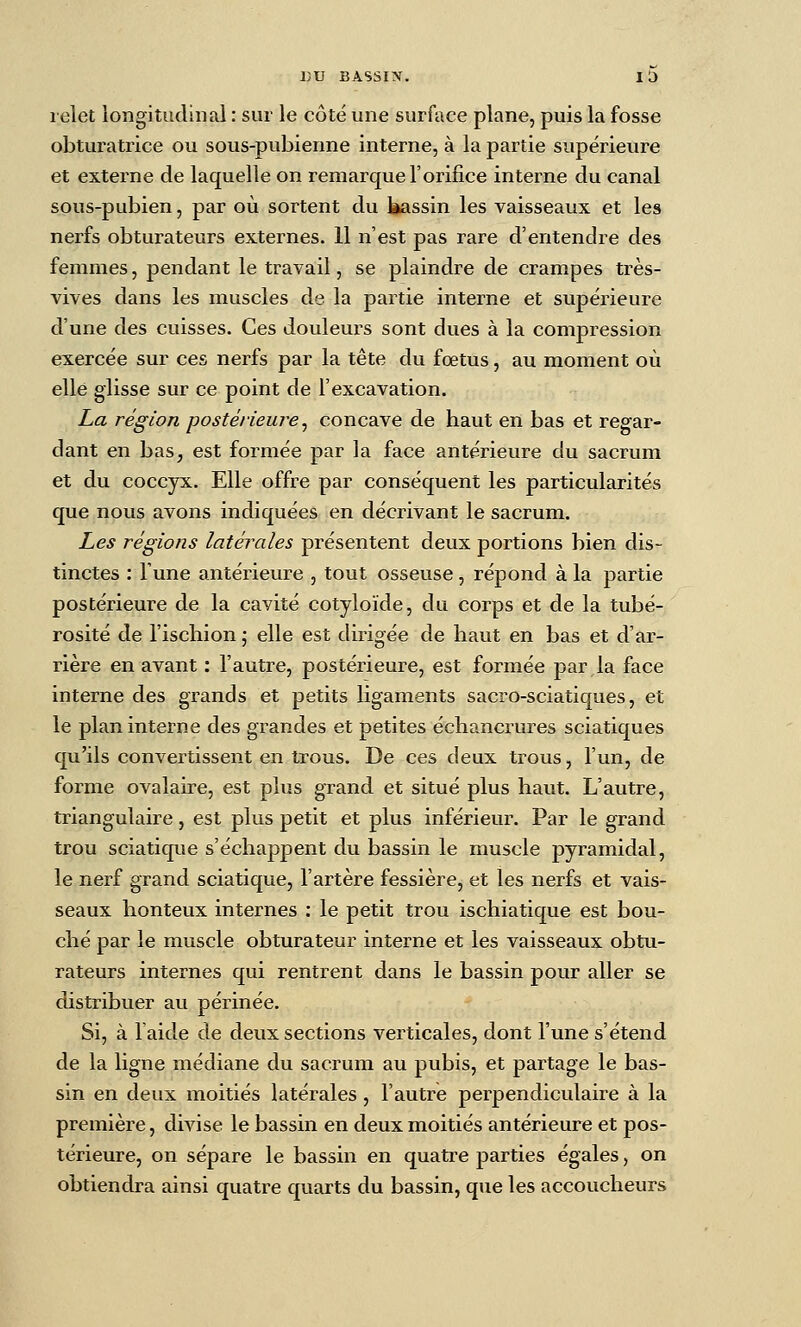 i;U BASSIX. ID lelet longitudinal : sur le côté une surface plane, puis la fosse obturatrice ou sous-pubienne interne, à la partie supérieure et externe de laquelle on remarque l'orifice interne du canal sous-pubien, par où sortent du bassin les vaisseaux et les nerfs obturateurs externes. 11 n'est pas rare d'entendre des femmes, pendant le travail, se plaindre de crampes très- vives dans les muscles de la partie interne et supérieure d'une des cuisses. Ces douleurs sont dues à la compression exercée sur ces nerfs par la tête du fœtus, au moment où elle glisse sur ce point de l'excavation. La région postérieure ^ concave de haut en bas et regar- dant en bas, est formée par la face antérieure du sacrum et du coccyx. Elle offre par conséquent les particularités que nous avons indiquées en décrivant le sacrum. Les régions latérales présentent deux portions bien dis- tinctes : Tune antérieure , tout osseuse, répond à la partie postérieure de la cavité cotyloïde, du corps et de la tubé- rosité de l'ischion ; elle est dirigée de haut en bas et d'ar- rière en avant : l'autre, postérieure, est formée par la face interne des grands et petits ligaments sacro-sciatiques, et le plan interne des grandes et petites échancrures sciatiques qu'ils convertissent en trous. De ces deux trous, l'un, de forme ovalaire, est plus grand et situé plus haut. L'autre, triangulaire, est plus petit et plus inférieur. Par le grand trou sciatique s'échappent du bassin le muscle pyramidal, le nerf grand sciatique, l'artère fessière, et les nerfs et vais- seaux honteux internes : le petit trou ischiatique est bou- ché par le muscle obturateur interne et les vaisseaux obtu- rateurs internes qui rentrent dans le bassin pour aller se distribuer au périnée. Si, à laide de deux sections verticales, dont l'une s'étend de la ligne médiane du sacrum au pubis, et partage le bas- sin en deux moitiés latérales, l'autre perpendiculaire à la première, divise le bassin en deux moitiés antérieure et pos- térieure, on sépare le bassin en quati^e parties égales, on obtiendra ainsi quatre quarts du bassin, que les accoucheurs