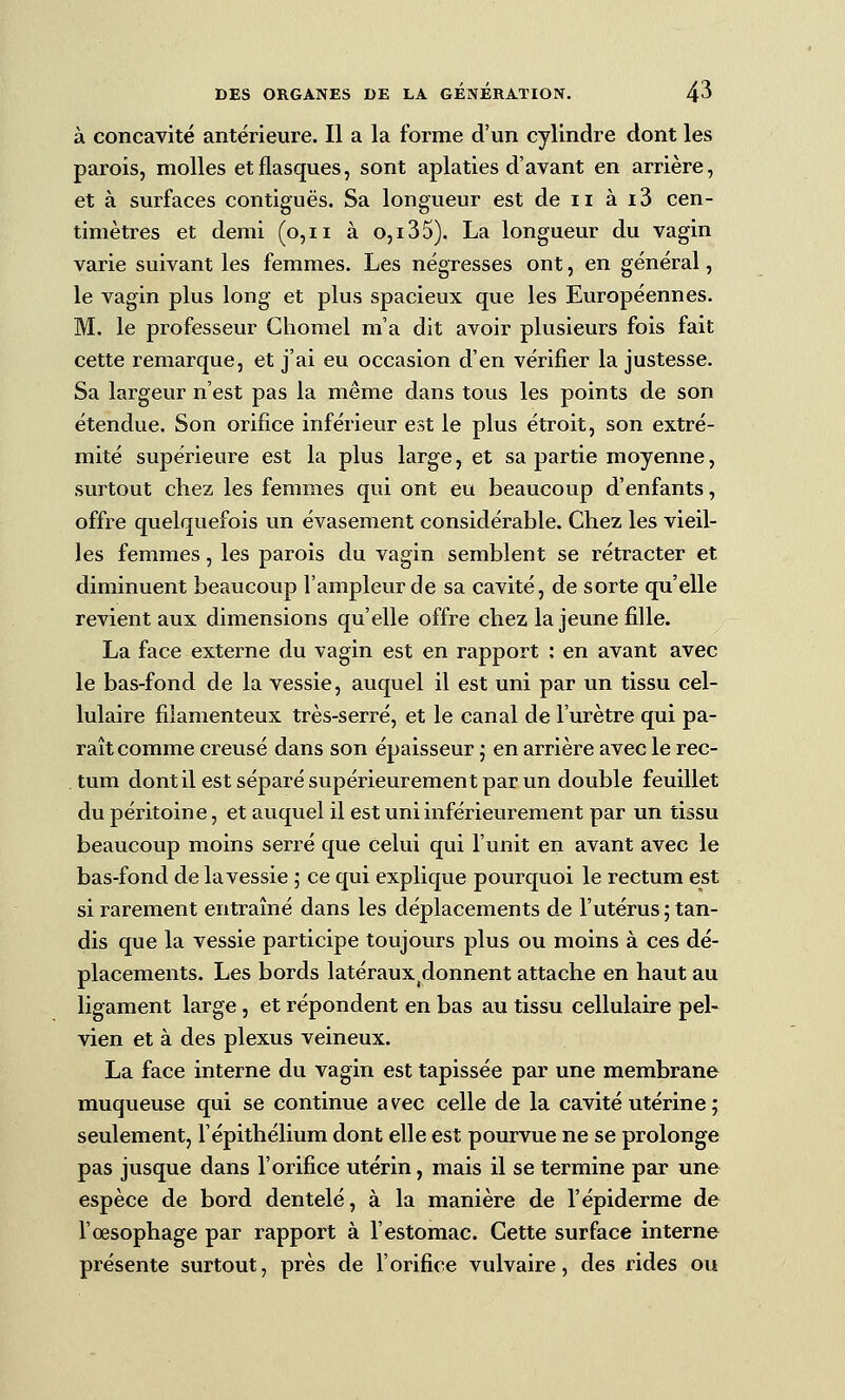 à concavité antérieure. Il a la forme d'un cylindre dont les parois, molles et flasques, sont aplaties d'avant en arrière, et à surfaces contiguës. Sa longueur est de ii à i3 cen- timètres et demi (o,ii à o,i35). La longueur du vagin varie suivant les femmes. Les négresses ont, en général, le vagin plus long et plus spacieux que les Européennes. M. le professeur Chomel m'a dit avoir plusieurs fois fait cette remarque, et j'ai eu occasion d'en vérifier la justesse. Sa largeur n'est pas la même dans tous les points de son étendue. Son orifice inférieur est le plus étroit, son extré- mité supérieure est la plus large, et sa partie moyenne, surtout chez les femmes qui ont eu beaucoup d'enfants, offre quelquefois un évasement considérable. Chez les vieil- les femmes, les parois du vagin semblent se rétracter et diminuent beaucoup l'ampleur de sa cavité, de sorte qu'elle revient aux dimensions qu'elle offre chez la jeune fille. La face externe du vagin est en rapport : en avant avec le bas-fond de la vessie, auquel il est uni par un tissu cel- lulaire filamenteux très-serré, et le canal de l'urètre qui pa- raît comme creusé dans son épaisseur ; en arrière avec le rec- tum dont il est séparé supérieurement par un double feuillet du péritoine, et auquel il est uni inférieurement par un tissu beaucoup moins serré que celui qui l'unit en avant avec le bas-fond de la vessie ; ce qui explique pourquoi le rectum est si rarement entraîné dans les déplacements de l'utérus ; tan- dis que la vessie participe toujours plus ou moins à ces dé- placements. Les bords latéraux^donnent attache en haut au ligament large, et répondent en bas au tissu cellulaire pel- vien et à des plexus veineux. La face interne du vagin est tapissée par une membrane muqueuse qui se continue avec celle de la cavité utérine ; seulement, l'épithélium dont elle est pourvue ne se prolonge pas jusque dans l'orifice utérin, mais il se termine par une espèce de bord dentelé, à la manière de l'épiderme de l'œsophage par rapport à l'estomac. Cette surface interne présente surtout, près de l'orifice vulvaire, des rides ou