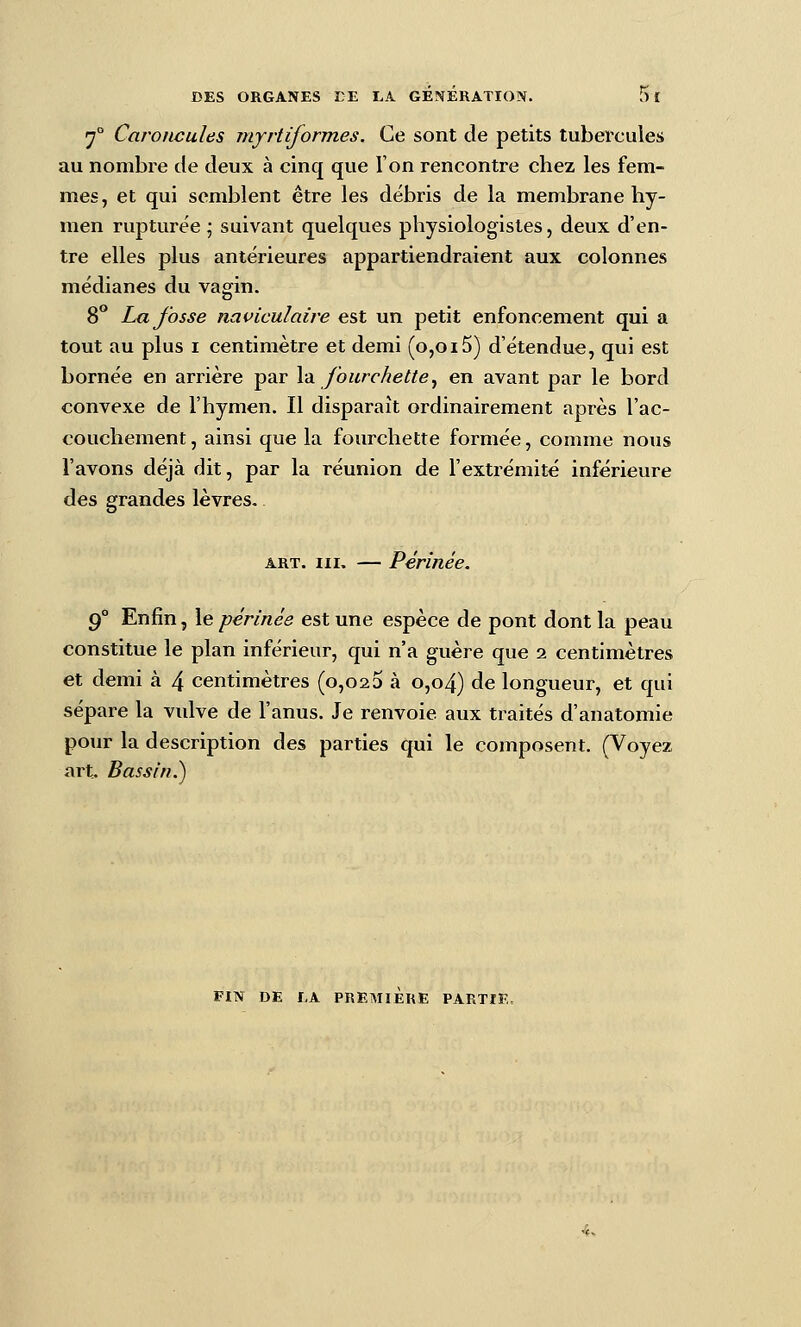 'f Caroncules myrtiformes. Ce sont de petits tubercules au nombre de deux à cinq que Ton rencontre chez les fem- mes, et qui semblent être les débris de la membrane hy- men rupturée ; suivant quelques physiologistes, deux d'en- tre elles plus antérieures appartiendraient aux colonnes médianes du vagin. 8° La fosse naviculaire est un petit enfoncement qui a tout au plus I centimètre et demi (0,015) d'étendue, qui est bornée en arrière par Va fourchette^ en avant par le bord convexe de l'hymen. Il disparaît ordinairement après l'ac- couchement , ainsi que la fourchette formée, comme nous l'avons déjà dit, par la réunion de l'extrémité inférieure des grandes lèvres- ART. III. — Périnée. 9° Enfin 5 le périnée est une espèce de pont dont la peau constitue le plan inférieur, qui n'a guère que 2 centimètres et demi à 4 centimètres (0,020 à o,o4) de longueur, et qui sépare la vulve de l'anus. Je renvoie aux traités d'anatomie pour la description des parties qui le composent. (Voyez art. Bassin.) FIN DE I.A PREMIERE PARTIE.