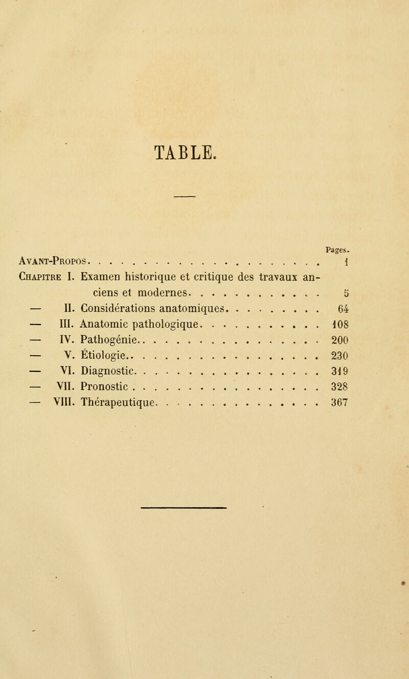 TABLE. Pages. Avant-Propos i Chapitre I. Examen historique et critique des travaux an- ciens et modernes 5 — IL Considérations anatomiques. 64 — III. Anatomie pathologique d08 ■— IV. Pathogénie 200 -- V. Étiologie 230 — VI. Diagnostic. . 319 — VII. Pronostic 328 — VIII. Thérapeutique 367