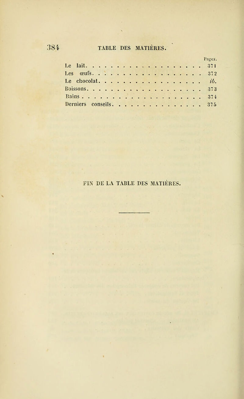 Pages. Le lait 37» Les œufs , 372 Le chocolat ib. Boissons 37 3 Bains 374 Derniers conseils 375 FIN DE LA TABLE DES MATIERES.