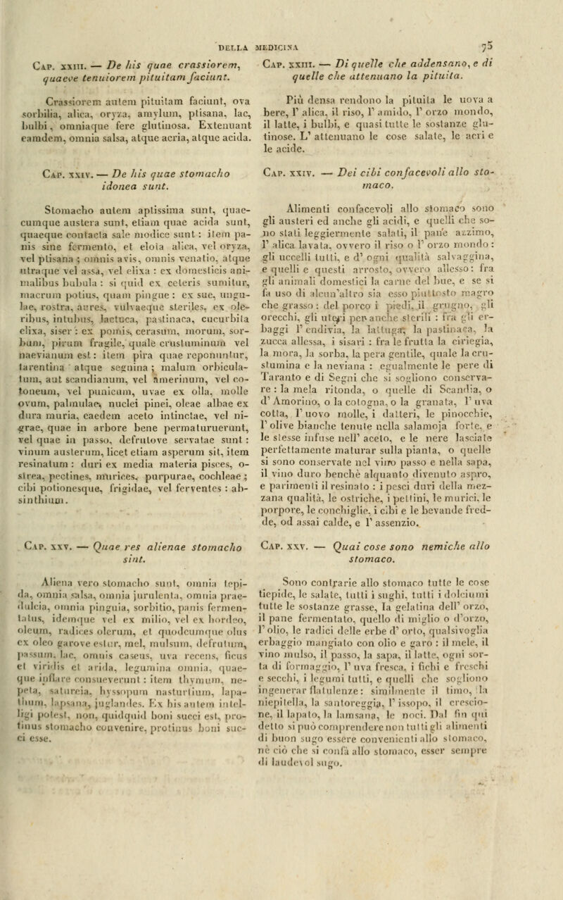 Cap. xxiii. — De his quae crassiorem, quaeve tenuiorem pituitam facilini. DELLA MEDICINA j 5 Cap. xxiii. — Di quelle che addensano, e di quelle che attenuano la pituita. Cras<iorem antera pituitam faciunt, ova sorbilia, alica, oryza. araylura, ptisana, Iac, bulbi, omniaque fere glutinosa. Extenuant caradem, omnia salsa, atque acria, atque acida. Cap. xxiv — De his quae stomacho idonea sunt. Stomacho aulem aplissima sunt, quae- cumque austera sunt, etiam quae acida sunt, quaeque contacla sale modico sunt : itera pa- nis sine fermento, et eloia allea, vel ory/.a, vel ptisana ; oratiis avis, oranis venatio, alque utraque vel assa, vel elixa : ex doraesticis ani- malibus bubula : si quid ex celeris sumitur, macrum potius, quara pingue: ex sue, ungu- Jae, rostta, arres. vulvaeque sleriles. ex ole- ribus, intubus, lactuca, pastinaca, cucurbita elixa, siser : ex pomis, cerasum, morum, sor- bum, pirum fragile, quale crustuminum vel naevianum est : itera pira quae repcnuntur, tarentina atque segnina ; malura orbicula- luni, aut scandianum, vel nmerinum, vel co- toneum, vel punicum, uvae ex olla, molle ovum, palmulae, nuclei pinci, oleae albae ex dura muria, caedein aceto intinctae, vel ni- #rae, quae in arbore bene pennaturuerunt, vel quae in passo, defrutove servatae sunt : vinum austerum, licet etiam asperum sit, item resinatura : duri ex media materia pisees, o- sirea, pectines. murices, purpurae, cochleae ; cibi potionesque, frigidae, vel ferventes : ab- sinthium. Cap. xxv. — Quae res alienae stomacho sint. Aliena vero stomacho sunt. omnia tepi- da, omnia salsa, omnia jurultnta, omnia prae- nulcia, omnia pinguia, sorbitio, panis fermen- l.ilns, idemque \«'l ex milio, vel ex bordeo, oleum, radi( cs olerum, et (piodcumque plus ex oleo garoveeslur, mei, mulsura, defrulum, passoni; I;ic. omnis caseus, uva recens, ficus et viri'lis el arida, legumina omnia, quae* que ipflare consueverunt : itera tbymum, ne- peia. satureia, hyssopurn nasturtium, lapa- llmm, !.q>> oi.-i, [uglandes. Ex his autem intel- ►test, non. quidquid boni succi est, pro- tinus stomacho convenire, protinus boni sue* Più densa rendono la pituita le uova a bere, P alica, il riso, P amido, P orzo mondo, il latte, i bulbi, e quasi tutte le sostanze glu- tinose. L' attenuano le cose salate, le acri e le acide. Cap. xxiv. — Dei cibi confacevoli allo sto- maco. x\limenti confacevoli allo stomaco sono gli austeri ed anche gli acidi, e quelli che so- no stali leggiermente salati, il pane azzimo, P alica lavata, ovvero il riso o 1' orzo mondo : gli uccelli tutti, e d' ormi qualità salvaggina, e quelli e questi arrosto, ovvero allesso: fra gli animali domestici la carne del bue, e se si fa uso di alcun'allro sia esso piuttosto magro che grasso : del poi-co i piceli, il grugno, gli orecchi, gli utefi per*anche sterili : fra ;::ì er- baggi P endivia, la lattuga*, la pastinaca, la zucca allessa, i sisari : fra le frulla la ciriegia, la mora, la sorba, la pera gentile, quale lacru- sfumina e la neviana : egualmente le pere di Taranto e di Segni che si sogliono conserva- re : la mela ri tonda, o quelle di Scandia, o d' Amorino, o la cotogna, o la granata, V uva cotta, l'uovo molle, i datteri, le pinocchio, l1 olive bianche tenute nella salamoja forte, e le stesse infuse nell1 acelo, e le nere lasciale perfettamente maturar sulla pianta, o quelle si sono conservate nel vino passo e nella sapa, il vino duro benché alquanto divenuto aspro, e parimenti il resinato : i pesci duri della mez- zana qualità, le ostriche, i pettini, le murici, le porpore, le conchiglie, i cibi e le bevande fred- de, od assai calde, e l1 assenzio. Cap. xxv. Quai cose sono nemiche allo stomaco. Sono contrarie allo stomaco tutte le cose tiepide, le salate, tutti i sughi, tutti i dolciumi tutte le sostanze grasse, la gelatina dell1 orzo, il pane fermentalo, quello di miglio o d'orzo, l'olio, le radici delle erbe d' orto, qualsivoglia erbaggio mangialo con olio e garo : il mele, il vino mulso, il passo, la sapa, il latte, ogni sor- ta di formaggio, l'uva fresca, i fichi e freschi e secchi, i legumi tutti, e quelli che sogliono ingenerar flatulenze : similmente il timo, Ila uu piidla, la santoreggia, P issopo, il crescio- ne,-il lapato, la lamsana, le noci. Dal fin qui dello si può comprendere non tutti gli alimenti 3i buon sugo essere convenienti allo stomaco, né ciò che si confà allo stomaco, esser sempre di taudevol sugo.