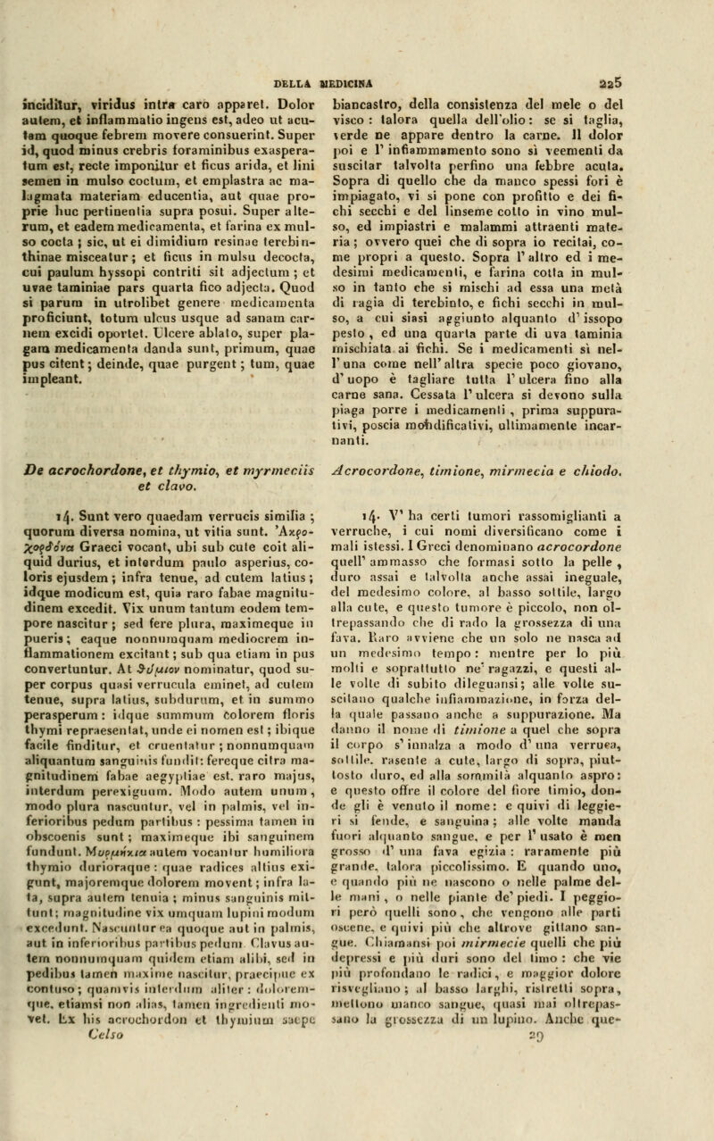 inciditur, viridus intra caro appare!. Dolor autem, et inflammatio ingens est, adeo ut acu- tam quoque febrem movere consuerint. Super id, quod minus crebris foraminibus exaspera- tum est, recte imponilur et ficus arida, et lini semen in mulso coctum, et emplastra ac ma- rginata materiam educentia, aut quae pro- prie bue pertinentia supra posui. Super aite- rum, et eadem medicamenta, et farina ex mul- so cocta ; sic, ut ei dimidiurn resinae terebin- thinae misceatur ; et ficus in mulsu decocta, cui paulum hyssopi contriti sit adjeclum ; et uvae taminiae pars quarta fico adjecta. Quod si panini in utrolibet genere medicamenta profìciunt, totum ulcus usque ad sanam car- nera excidi oportet. Ulcere ablato, super pia- gato, medicamenta danda sunt, primum, quae pus citent ; deinde, quae purgent ; tum, quae impleant. DELLA MEDICINA 225 biancastro, della consistenza del mele o del visco : talora quella dell'olio: se si taglia, \erde ne appare dentro la carne. 11 dolor poi e l1 intìammamento sono sì veementi da suscitar talvolta perfino una febbre acuta. Sopra di quello che da manco spessi fori è impiagato, vi si pone con profitto e dei fi- chi secchi e del linseme colto in vino mul- so, ed impiastri e malanimi attraenti mate- ria ; ovvero quei che di sopra io recitai, co- me propri a questo. Sopra V altro ed i me- desimi medicamenti, e farina cotta in mul- so in tanto che si mischi ad essa una metà di ragia di terebinto, e fichi secchi in mul- so, a cui siasi aggiunto alquanto d'issopo pesto , ed una quarta parte di uva taminia mischiata ai fichi. Se i medicamenti sì nel- l'una come nell'altra specie poco giovano, d'uopo è tagliare tutta V ulcera fino alla carne sana. Cessata l1 ulcera si devono sulla piaga porre i medicamenti , prima suppura- tivi, poscia motidificativi, ultimamente incar- nanti. De acrochordone, et thymio, et myrmeciis et davo. Acrocordone. tìmione. mirmecia e chiodo. 14. Sunt vero quaedam verrucis similia ; quorum diversa nomina, ut vitia sunt. *Azfo* Xo$&óvct Graeci vocant, ubi sub cute coit ali- quid durius, et interdum paulo asperius, co- loris ejusdem-, infra tenue, ad cutem latius; idque modicura est, quia raro fabae magnitu- dinem excedit. Vix unum tantum eodem tem- pore nascitur ; sed fere plura, raaximeque in pueris ; eaque nonnumquam mediocrem io» flammationem excitant ; sub qua eliam in pus convertuntur. At 3-Jfuiov nominatur, quod su- per corpus quasi verrucula eminet, ad cutem tenue, supra latius, subdurum, et in summo perasperum : idque summum colorem floris thymi repraesenlat, unde ei nomen est ; ibique facile finditur, et cruentatur ; nonnumquam aliquantum sanguiriis fundif: fereque citra raa- gnitudinem fabae aegypliae est. raro majus, interdum perexiguum. Modo autem unum , modo plura nascuntur, vel in palmis, vel in- ferioribus pedum partibus : pessima tamen in obscoenis sunt ; maximeque ibi sanguinerà fundunt. Mwp/uw'x/a autem vocanlur Immiliora thymio durioraque : quae radices altins exi- gunt, majoremque dolorem movent; infra la- ta, supra autem tenuia ; minus sanguini* mil- tunt; magnitudine vix umquam lupini modum excedunt. [S'aseunlur fa quoque aut in palmis, aut. in inferiorihus partibus pcduni. Clavus au- tem nonnumquam quidcrn etiam abiti, scd iti pedibut tamen maxime nascitur, praecipuc ex contuso; quamvis interdum alitar: doli.1 cin- que, etiamsi non alias, lamcn ingredienti nio- vet. Lx bis acrochordon et ibyrnium sutpe Celso i4- V1 ha certi tumori rassomiglianti a verruche, i cui nomi diversificano come i mali istessi. 1 Greci denominano acrocordone quell1 ammasso che formasi sotto la pelle , duro assai e talvolta anche assai ineguale, del medesimo colore, al basso sottile, largo alla cute, e questo tumore è piccolo, non ol- trepassando che di rado la grossezza di una fava. Raro avviene che un solo ne nasca ad un medesimo tempo: mentre per lo più molti e soprattutto ne ragazzi, e questi al- le volle di subito dileguarci; alle volte su- scitano qualche infiammazione, in forza del- la quale passano anche a suppurazione. Ma danno il nome «li timione a quel che sopra il corpo s1 innalza a modo d1 una verruea, sottile, rasente a cute, largo di sopra, piut- tosto duro, ed alla sommila alquanto aspro: e questo offre il colore del fiore timio, don- de gli è venuto il nome: e quivi di leggie- ri si fende, e sanguina ; alle volte manda fuori alquanto sangue, e per 1' usato è roen grosso d1 una fava egizia : raramente più grande, talora piccolissimo. E quando uno, e quando più ne nascono o nelle palme del- le mani, 0 nelle piante de1 piedi. I peggio- ri però quelli sono , che vengono alle parti oscene, e quivi più che altrove gitlano san- gue. Chiamansi poi mirmecie quelli che più depressi e più duri sono ilei timo : che vie più profondano le radici, e maggior dolore risvegliano; al basso larghi, ristretti sopra, mettono manco sangue, quasi inai oltrepas- sano la grossezza di un lupino. Anche que- 29