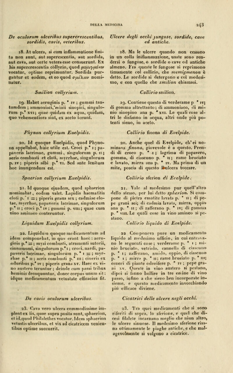 De oculorum ulceribus supercrescentibus, sordidis. cavis* veteribus. Ulcere degli occhi jungose, sordide, cave ed antiche. 18. At ulcera, si cum inflamroatione fini- ta non sunl, aut superescenlia, aut sordida, aut cava, aut cerle veteraesse consuerunt. Ex his supercrescentia collyrio, quod ^.i^ty^ivov vocatur, optime reprimuntur. Sordida pur- gantur et eodem, et eo quod o-^tXtov nomi- natur. Smilion collyrium. 19. Habet aeruginis p. * iv ; gammi tan- tumdem ; ammoniaci,rninii sinopici, singulo- rum p.* xvi ; quae quidam ex aqua, quidam, quo vehementiora sint, ex aceto terunt. 18. Ma le ulcere quando non cessano in un colla inifiamraazione, usate sono ren- dersi o fungose, o sordide o cave od antiche almeno. Fra queste le fungose si reprimono timamente col collirio, che memigmenon è detto. Le sordide si detergono e col medesi- mo, e con quello che smilion chiamasi. Collirio smilion. 19. Conliene questo di verderame p * jv; di gomma altrettanto; di ammoniaco, di mi- nio sinopino ana p. * xvi. Le quali cose al- tri le disfanno in acqua, altri onde più po- tenti sieno, in aceto. Phynon collyrium Euelpidis. 20. Id quoque Euelpidis, quod Phyno- na appellabat, huic utile est. Croci p.* 1; pa- paveris lacrimae, gummi, singulorum p. 11 ; aeris combusti et eloti, myrrhae, singulorum p. iv ; piperis albi p.* vi. Sed ante lenilum hoc inungendum est. Spaerion collyrium Euelpidis. 21. Id quoque ejusdem, quod sphaerion nominabat, eodem valet. Lapidis haematitis eloti p.*i =;; piperis grana sex ; cadmiae elo- tae, myrrhae, papaveris lacrimae. singulorum p.* 11 ; croci p.* iv ; gummi p. vili ; quae cura vino aminaeo conteruntur. Lìquidum Euelpidis collyrium. 22. Liquidam quoque medicamentum ad idem componebat, in quo erant haec : aeru- ginis p.* cs ; mysi combusti, alramenti sutorii, cinnamomi, singulorum p.*i; croci, nardi, pa- paveris lacrimae, singulorum p. * 1 s ; myr- rhae p.* 11 ; aeris combusti p.* 111 ; ciueris ex odorihus p.* iv ; piperis grana xv. Haec ex vi- no austero leruntur ; deinde cum passi tribus herainis decoquunlur, donec corpus unum sit : idque medicamentum vetustate efficacius fit. De cavis oculorum ulceribus. 23. Cava vero ulcera commodissime im- plentex iis, quae supra posila sunt, sphaerion, et id.quod l'hil.ilctlies vocatur. Idem sphaerion velustis ulceribus, et vix ad cicalricem venien- tibus optime succurrit. Collirio fìnona di Evelpide. 20. Anche quel di Evelpide, eh' ei no- minava fìnona, giovevole è a questo. Pren- di di croco p. * 1 ; lagrima di papavero, gomma, di ciascuno p. * 11 ; rame bruciato e lavato, mirra ana p. * iv. Ma prima di un mite, poscia di questo Ifculcera toccare. Collirio sferion di Evelpide . 21. Vale al medesimo pur quell'altro dello stesso, per lui detto spherion. Si com- pone di pietra ematite lavata p. * n ; di pe- pe grani sei; di cadmia lavala, mirra, oppio ana p. * 11 ; di zafferano p. * iv; di gomma p.  vili. Le quali cose in vino amineo si pe- stano. Collirio liquido di Evelpide. 22 Componeva pure un medicamento liquido al medesimo ufficio, in cui entrava- no le seguenti cose; verderame p. * 1 ; mi- Ilio bruciato, vetriolo, cannella di ciascuno p. * 1 ; zafferano, amido, oppio, di ciascuno p. * 1 ; mirra p. ¥ 11; rame bruciato p. * in; ceneri di piante odorifere p. * iv ; pepe gra- ni xv. Queste in vino austero si pestano, dipoi si fanno bollire in tre emine di vino passo, iufino a che sieno ben incorporate in- sieme, e questo medicameli lo invecchiando più efficace diviene. Cicatrici delle ulcere negli occhi. 23. Tra quei medicamenti che si sono riferiti di sopra, lo sferione, e quel che di- cesi filalele incarnano meglio che niun altro, le ulcere sinuose. Il medesimo sferione risa- na ottimamente le piaghe antiche, e che mal- agevolmente si volgono a cicatrice.