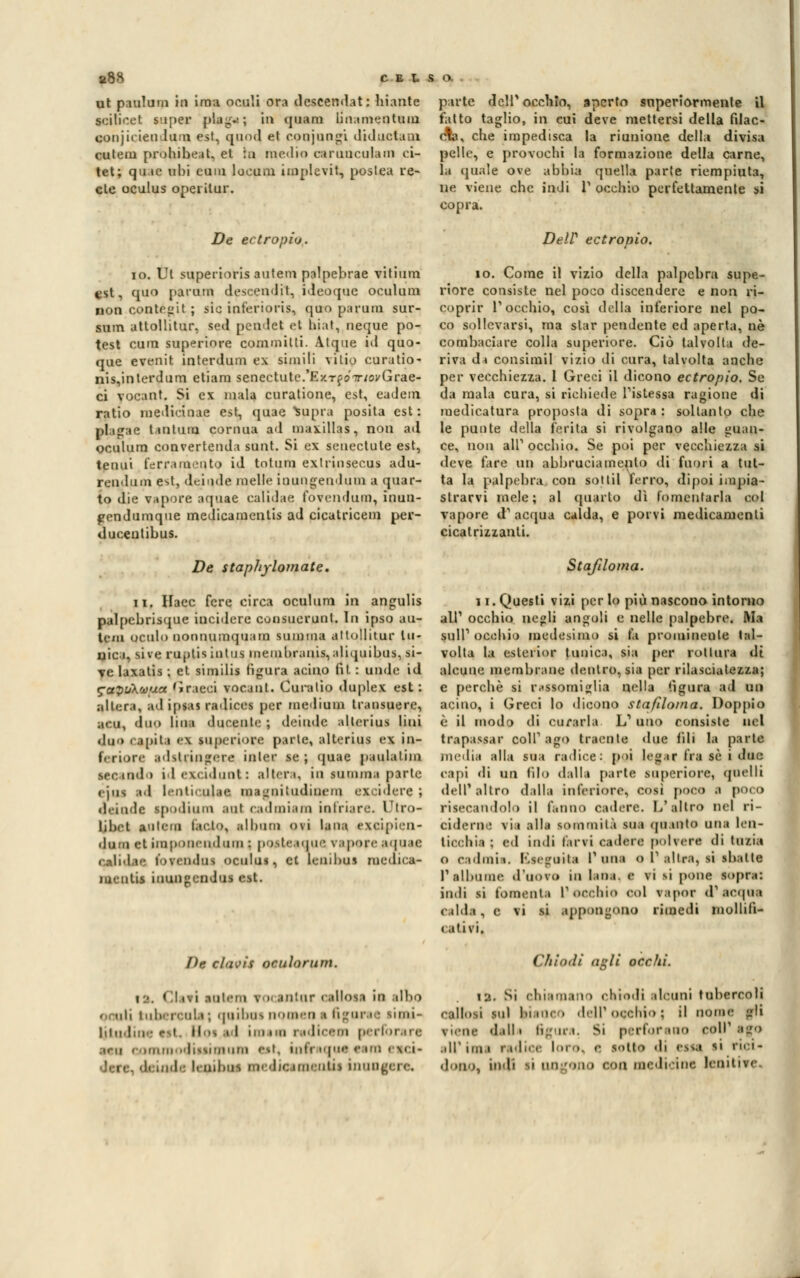 ut paulum in ima ornili ora descendat: hiante scilieet super plag.; ; in qua ni linamentiun conjicieudum est, quod et conjungi diductani cuteni prohibe.it, et In medio caruueulam ci- tet; quae ubi cum locuai implevit, poslea re- eie oculus opei ilur. De ectropiu. io. Ut superioris auteni palpebrae vitium est, quo paiuin deseendit, ideoque oculuui non controlt ; sic inferioris, quo parano sur- sum attollitur, sed pendei et biat, neque po- test cum superiore commini. Atque id quo- que evenit interdum ex simili vilio curatio- nis,interdum etiam senectute.'ExTfoTr/oi'Grae- ci vocant. Si ex mala curatione, est, eadem ratio medieinae est, quae fcupra posita est: plagae tantum cornua ad maxillas, non ad oculura convertendo sunt. Si ex senectute est, tenui ferramento id totum exlrinsecus adu- rendum e->t, deiqde melle inungenduin a quar- to die vapore aquae calidae fovendum, inun- gendumque medicamentis ad cicatricem pet- duceutibus. De staphylomate. il. Haec fere circa oculuni in angulis palpebrisque incidere cousuerunl. In ipso au- tem oculo uonnumquam summa attollitur tu- nica, sive ruptis ini US. inembranis, aliquibus, si- ve laxatis ; et similis figura acino (ìt : unde id S-a$uk(i)ux 'iricci vocant. Curalio duplex est: altera, adipfftf radices per mediuin tiansuerc, acu, duo lina docente ; deinde allcrius lini .Ino i ,i[)it.i r\ mperiore parte, ilteriui ei in- feriore idstringere inlcr s« ; quae paulatiin accenda idexcidunt: altera, io inuma parte « • j 11 s ad Iriilh ulae ma ^ 11 i ! udiuein ex idcre ; deinde ipodium ani cadmiano infriire. Utro- Ijbrt auicin t.icio, al barn Qti lana excipi ■li- do ii et ìraponendam : poiteique vapore aquae caJidae fo?endni oculus, et Lenibui medicar mentii inuntendui ttl< parte dell'occhio, aperto superiormente il fatto taglio, in cui deve mettersi della filac- cia, che impedisca la riunione della divisa pelle, e provochi la formazione della carne, la quale ove abbia quella parte riempiuta, ne viene che indi V occhio perfettamente si copra. De IP ectronio. io. Come il vizio della palpebra supe- riore consiste nel poco discendere e non ri- coprir l'occhio, così della inferiore nel po- co sollevarsi, ma star pendente ed aperta, né combaciare colla superiore. Ciò talvolta de- riva di consimil vizio di cura, talvolta anche per vecchiezza. 1 Greci il dicono ectropio. Se da mala cura, si richiede ristessa ragione di medicatura proposta di sopra : soltanto che le punte della ferita si rivolgano alle guan- ce, non ali1 occhio. Se poi per vecchiezza si deve fare un abbrucia mento di fuori a tut- ta la palpebra con sottil ferro, dipoi impia- strarvi mele; al quarto dì fomentarla coi vapore d1 acqua calda, e porvi medicamenti cicatrizzanti. Sta/doma. ii. Questi vizi per lo più nascono intorno ali1 occhio ne<>li angoli e nelle palpebre. Ma sull'occhio medesimo si f.i prominente tal- volta la esterior tunica, sia per rottura ili alcune membrane dentro, sia per rilasciatezza; e perchè si rassomiglia nella tìgura ad un acino, i Greci Io dicono stafiloma. Doppio è il modo di curarla L' uno consiste nel trapassar coli1 ago traente due fili la parte media alla sua radice: |> >i le» ir fra sé i due capi «li un filo dalla parte superiore, quelli dell' altro dalla inferiore, cosi poco a poco risecandolo il fanno cadere. L'altro nel ri- ciderne via alla sommità sua (pianto una len- ti, 'ehi a ; ed indi farvi cadere poi fere di tu/.ia o cadmia. eseguila l'imi o l1 altra, si sbatte l'albume d'uovo in lana, i vi si pone sopra: indi si fomenta l'occhio eoi vapor d'acque cahla , e vi si appongono rimedi mollilì- » alivi. De clavis oculorum. |. | I ivi entelli V'x an!ur callosa in albo ■ ali 1 libercoli ; quibui nomea i figura • limi* Illudine wl il ^ i I ii i imi radiceoi perforare immodiuimura est, inn iqoe t no enei- i inde leaiboj nedieemeaiii inaogere, Chiodi nt;li ocelli. la. Si chiamino chiodi ilouni tubercoli callosi sul biiin . dell'occhio; il nome gli tiene dalli figura. Si perforano eoli1 ego all'ini ridice loro, e sotto di esse li ''- dono, indi li mi .no con medicine lenitive.