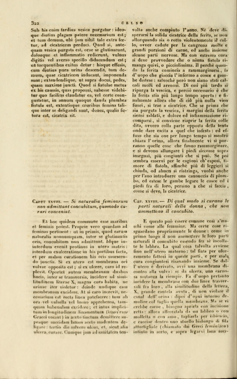 Sub his enim tardius vesica purgalur : ideo- que diutius plagam patere necessaria™ est; et tum demurn, ubi jam nibil tale extra fer- tur, ad cicatricem perdaci. Qaod si, ante- quam vesica purgata est, orae se glutinarunt, dolorque et intlammatio redierunt, vulnus digitis vel averso specillo diducendum est ; ut torquentibus exitus detur : hisque eflfusis, cum diuliiM pura urina descendit, tum de- roura, quae cicatricem inducant, imponendo sunt ; extendendique, ut supra docui, pedes, quam maxime juncti. Quod si fistulae metus ex his caussis, quas propositi, subesse videbi- tur quo facilins claudatur ea, vel certe coan- gustetur, in annum quoque danda plumbea fìstula est, extentisque cruribus femina tali— que inler se deligandi sunt, doncc, qualis fu- tura est, cicalrix sit. Caput xxviii. — .Si naturalia feminarun\ non admitlant concubitum, quomodo cu- rari convenirli. volta anche compiuto Panno. Ne (fere di- sperarsi la solida cicatrice della ferita, se noti allorquando sia o rotto violentemente il col- lo, ovver cadute per la cangrena molte e grandi porzioni di carne, ed ancbe insieme alcune parli nervose. Ma con estrema cura si deve provvedere che o ninna fistola ri- manga quivi, o picciolissima. il perchè quan- do la ferita comincia a rararaarginarsi, la d' uopo che giaccia V infermo a cosce e gam- be distese : salvocbè però non siano stati cal- coli molli ed arenosi. Di essi più tardo si ripurga la vescica, e perciò necessario è che la ferita stia più lungo tempo aperta: e fi- nalmente allora che di ciò più nulla vien fuori, si trae a cicatrice. Che se prima che sia purgata la vescica, i margini della ferita siensi saldati, e dolore ed infiammazione ri- comparsi , si conviene riaprir la ferita colle dita, ovvero colla parte opposta della tenta onde dare escita a quel che infesta : ed ef- fuso che sia ove per lungo tempo si mostrò chiara l'orina, allora finalmente vi si por- ranno quelle cose che fanno rammarginare. e si devono allungare i piedi siccome sopra insegnai, più congiunti che si può. Se poi sembra esservi per le cagioni crT esposi, ti- more di fistola, affinchè più di leggieri si chiuda, od almen si ristringa, vuoisi anche per Pano introdurre una cannuccia di piom- !>>>, ed estese le gambe legare le cosce ed i piedi fra di loro, persino a che si faccia , come si deve, la cicatrice. Cai*. XXVIII.— Vi qual modo Sicurano le parti naturali della donna , che non ammettono il concubito. Il hoc quidem commune esse uuribus et feminis potesl. Proprie fero queedam ad fattimi rxrtinenl : ut in primis, quod eanun ii ilur.ili.i ii'iiiniimipi un. inter se ghilinanlis oris, roncubilum non ;idiniltunt. Idque in- intardato erraiI protinns in utero matris: intei <liim cxiilceiationc in liis parti bui facta, rt pN m il mi i ur.dioneni lns orìl sniescen- o*<» |iiik lis Si c\ iiti-ro est inombraliI <>ii foltae oppoiiti <si ; si n ulcere, caro id re- pl*»vit. Dportel auteiu ineiiihr.mani dn iltus hneis, inter n Irinireriii, incidere a>I s liinlin.in Kterac \. magna cura bibita, ne mi in h ili i \i-)lrlui : .1.-indi' iiimIkiiic I I N un-nilM ni un excidere. Ai ri cara incrcrit, ne mimi i s\ racla Inni patefacere: tum .•!» • mi rei r al tetta rei baino epprehensa, imi 'pi imi li iliciiul mi excidere ; et intua implici- im ni hi longil adi nera fin rnientom u i I I \< IBI ) in ■» I 1 ■ Ini. Inni <lriinlt<i r su i i tajoe oi ■ ''l m I ni un iceto I1 nlem de Irrito dU urren al a et sunt alia :;memi j tea ad sani liti ni leu« E quelle può essere comune cosi armi- selo ionie alle femmine. Ma certe cose ri sguardano propriamente le donne : come in primo luogo il non ammettere le loro parfi naturali il concubito estendo fra tè Incolla- te le labbra. La qua! «osa talvolta avviene (ino nell'utero materno: tal fiala per ulce- ramento l'..ll<>si in queste parti, e per mal.i cura congiunteli risanando insieme. Se d;il l'utero è derivato, .i\\i una membrane di conilo alla vulv.i : SC .1 t ulcera, una ramo- sa instanti la riempir. Fa d'uopo pertahro incidere la membrana con due linee trasrer- sili tra loro, alla similitudine dell.i l<llci... X. grande cautela arnia, di noti riolare il I ni.il il,'IT in imi : dipoi d' Ogni nilm imi de moli re col taglio quella marabrana. Ma ieri crebbe cai ne . bisogna inrhrJi < un meisione reti i • élfora «Bèi ratlala <l • un lal.l.ro •> • ou molletta o i -il un.». tagliai h pel i hh si io, , . i< ri o rientro uno stuello bislungo <ii 51 • ut tortiglia (e (chiamata dai Oreci temraìicù) intinto in aceto, e sopri legarvi latti sua-