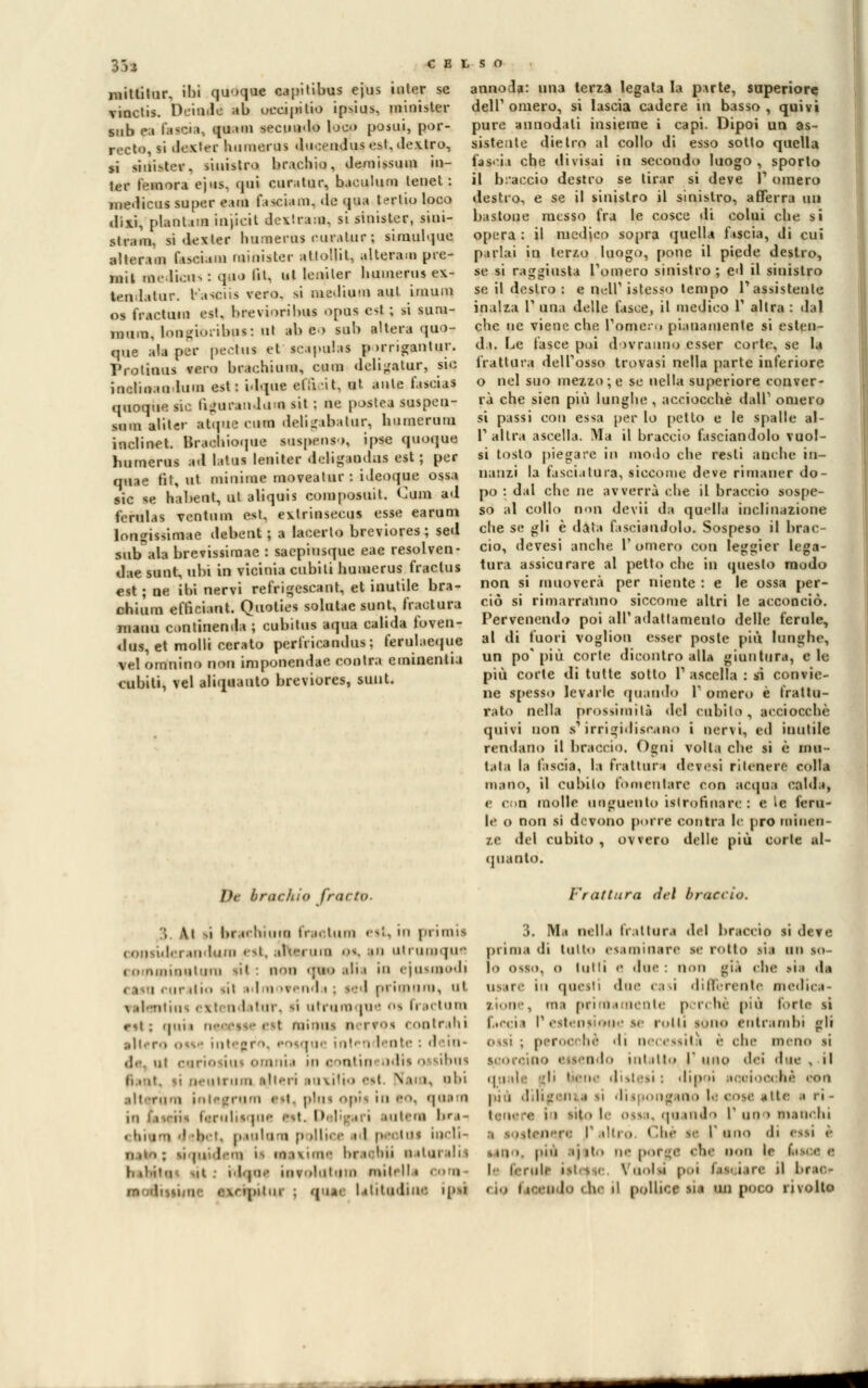 mittitur, ibi quoque capitibus ejus iuler se annoda: lina feria legala la p:\rte, superiore vinchi. Deindé ab occipilio ipMus, mmisler sub ea bwt, quam secundo loco posui, por- recto, si decfec htimci ns ducendo* est. dextro, si siuister, sinistro brachio, demissum in- l.i- 1-mora ejus, qui curatur, baculum leuet : medicus su[)or eaul fasciani. de qua terlio loco dixi, piantata injicil dexlram, si sinister, sini- slram, si dexter humerus curatili. : simulque alteram fa>ei.un minisler atlollit, alterai!» pre- mil in.' l'iCMS : quo fi*, ul leniler humerus ex- tendatar. basciis vero, si medium aul unum os faeton est, brevioribus opus e<t ; si sum- inum, longiorihus: Ql ab e» sub altera quo- que ala per pectui et scapulas p ìrrigantui • Prolinus vero brachium, eum deligatur, sic inclinali -Inni est: idque elliit, ut ante fascia* quoque sic figurandiim sit : ne poetee suspeu- sum ftliUr atipie eurn delu'.ibalur, hitmerum incline!. Brachioque suspenso, ipse quoque humerus ad latus lenite* deligandas est; per quae fit, ut minime moveatur : ideoque ossa sic se habent, ut aliquis composuit. Cum ad fcrulas ventimi est, extrinsecus esse earuni longissimae debent ; a lacerto breviores ; sed sub ala brevissiraae : saepiusque eae resolven- dae sunt, ubi in vicinia cubili humerus fractus est ; ne ibi nervi refrigescant, et inutile bra- chium eftìciant. Quolies solutae sunt, fractura niauu continenti» ; cubitus aqua calida foven- dus, et molli cerato perfricandus; ferulacquc vel orinino non imponendae coatra eminenti a cubiti, vel aliquanto breviores, sunt. dell1 omero, si lascia cadere in basso , quivi pure annodali insieme i capi. Dipoi un as- sistente dietro al collo di esso sotto quella fascia che divisai in secondo luogo, sporto il beacelo destro se tirar si deve V omero destro, e se il sinistro il sinistro, afferra un bastone messo fra le cosce di colui che si opera : il medico sopra quella l'ascia, di cui pillai in terzo luogo, pone il piede destro, se si raggiusta Fornero sinistro ; ed il sinistro se il destro : e iieir istesso tempo V assistente inaila V una delle l'asce, il medico V altra : dal che ne viene che Pome:» pianamente si esten- da. Le fasce poi dovranno esser corte, se la frattura dell'osso trovasi nella parte inferiore o nel suo mezzo; e se nella superiore conver- rà che sien più lunghe , acciocché dall' omero si passi con essa per lo petto e le spalle al- l'1 allra ascella. Ma il braccio fasciandolo vuoi- si tosto piegare in modo che resti anche in- nanzi la fasciatura, siccome deve rimaner do- po : dal che ne avverrà che il braccio sospe- so al collo Don devii da quella inclinazione che se gli è data fasciandolo. Sospeso il brac- cio, devesi anche l'omero con leggier lega- tura assicurare al petto che in questo modo non si muoverà per niente : e le ossa per- ciò si rimarranno siccome altri le acconciò. Pervenendo poi all'adattamento delle ferule, al di fuori vogliou esser poste più lunghe, un po'più corte dicontro alla giuntura, eie più corte di tutte sotto V ascella : si convie- ne spesso levarle quando 1* omero è frattu- rato nella prossimità del cubilo, acciocché quivi non a irrigidiscano i nervi, ed inutile rendano il braccio. Ogni folti che si è mu- tala la (ascia, la frattura devesi ritenere rolla mano, il cubito fomentare con acqua cabla, <• c>n molle unguento islrofinarc : eie feru- le o non si devono porre con tra le prò rainen- 7.c tlel cubito , ovvero delle più corte al- quanto. Di brachio frat to- | \ I ti brachium Ir..riunì eit, in pi imil « «iiiMiIrrauduui est, iIu-iuiii <>>. hi uliuinqu i • > f«niimil'ini >ii : non «pio alia in ejusuiodi ,i i , r ,i io iil i l 'i trend i : sei] primnro, ut ih estendatene -ó ntruroque oi fra* tum rit : qnia neaeaae eil minai a rros contrahi altero otte integro, rotque inten lente ! dein* ,1,- ni cerio pi - omnia in o »nl in idii oj sibns ii.it. pi M'-iiiruui ejUeri i'ki'm eat. \m. obi .ili -r.ni inle_'ei•.i . .i piai opti in bo, qoarn iis ferulieque Bit, DeJìgari antera l»ra- . ' i)1. n intana [> .il., e il pei ini inrii- n ,. , ; v, |, i i i i in ivime lo' ujMi ■ itutelii h .i.ii.i a il.pi.' Hivoiiii.no miti li i m<.di (>iiili- ; qua. latitudine ip-i Frattura dei braccio. 3. Ma nella frattura del braccio si deve prima di tatto esaminare se rotto iia un so- lo n>s.i. o tulli e due ; non già che sia da usare in questi due casi differente medica- aione, ma primamente perchè più fotta si facci• P estensione ae rotti i entrambi gli ossi ; perocché di necessita è che meno si i i > tendo intatto I tino dd due , il .pi da ({li Mene dislesi : dipoi rqoìoocaì con pia dilig ii. a ii dispongano le cose atte a ri - tenere i i s|to le ossa, quando 1 ut) i manchi i s naniOfl r altro I Ibi le l uno di etaj è sui >. 1111■ i|iio ne porge che le ausa i le feruti iftetu \ noi ■ p h faei iare il brac ciò liociido .he il pollice sia un poco rivolto