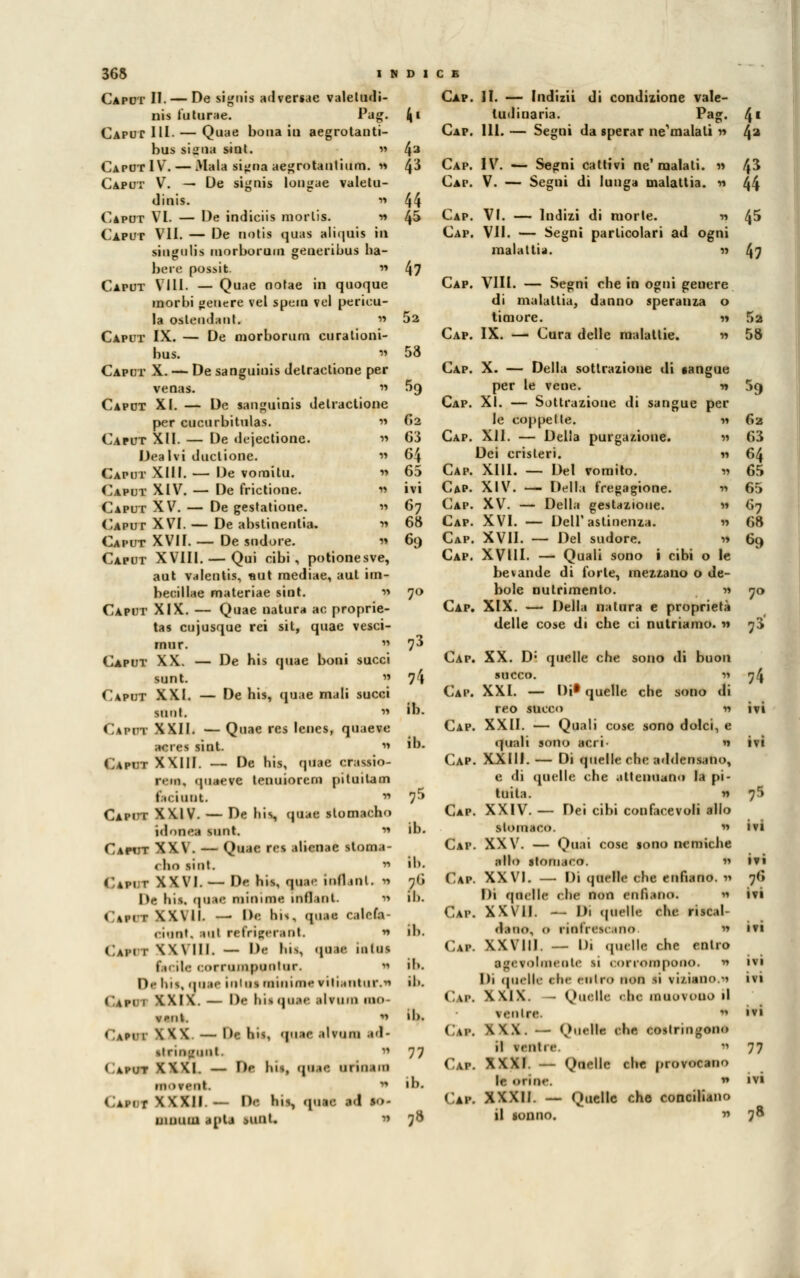 365 i n Caput II. — De signis adversae valeludi- nis luturae. Pag. Caput IH- — Quae bona in aegrotanti- bus sibila sint. » Caput IVt. — Mala si^na aegrotantium. » Caput V. — De signis longae valetu- dinis. n Caput VI. — De indiciis morlis. ■ Caput VII. — De notis quas aliquis in singnlis inorboruiii generibus ha- bere possit. n Caput Vili. — Quae notae in quoque morbi «enere vel spem vel perieu- la ostcndant. » Caput IX. — De morborum curationi- hus.  Caput X. — De sanguinis delractione per venas. » Caput XI. — De sanguinis delractione per cucurbitulas. w Caput XII. — De dejectione. n Dea Ivi duci ione.  Caput XIII. — De voroitu. n Caput XIV. — De frictione. » Caput XV. — De gestatione. n Caput XVI. — De abstinentia. » Caput XVII. — De sudore. « Caput XVIII. — Qui cibi, potionesve, aut valentia, «ut raediae, aut im- becille materiae sint. ■» Caput XIX. — Quae natura ac proprie- tas cujusque rei sit, quae vesci- mur. » Caput XX. — De bis quae boni succi sunt. » Caput XXI. — De bis, quae mali succi sunt.  Caput XXII. — Quae res lenes, quaeve ■gre* sint. » Caput XXIli. — De bis, quae crassio- n-m, quaeve tenuiorem pituitam t.uiuut.  Capitt XXIV. — De bis, quae slomacho idonei sunt. » Caput XXV. — Quae rcs alienae stoma- < 1ki siili.  Caput XXVI. — De bis, qua.- infimi. ■>■> De bis. quae miniale influii. ■» Ceti i■ xx\ li. — De bis, auee calete- ciani, :«ui refrigerent. *> Caim i XX\ III. — De bis, quae intus {•Cile '•orruiiipiinlur. » !)•• Ins, quae ini iis miniate ritiantur.* Cavi : XXIX. — De hiaquae ilfum mo- VPIll. * CaFOC XXX — Df hi>, qn.n- .ilvuiu ol- •trioannl. *» Caput XXXI. — Dt bis, qaee urinaui inov»-ut. o Caput XXXII. — De bis, ante ed io* uiuuiu aplj sunt. » (4 4l 52 58 *sì 62 63 64 65 ivi 67 68 69 73 1\ ib. ib. 7* ib. ib. 7(i il.. .b. ib. ib. ib. 77 ib. ;8 Cap. II. — Indizii di condizione vale- tudinaria. Pag. Cap. 111. — Segni da sperar ne'malali » Cap. IV. — Segni cattivi ne'malati. n Cap. V. — Segni di lunga malattia. 9 Cap. VI. — Indizi di morie. n Cap. VII. — Segni particolari ad ogni malattia. a Cap. Vili. — Segni che in ogni genere di malattia, danno speranza o timore. ™ Cap. IX. — Cura delle malattie. n •angue Cap. X. — Della sottrazione di per le vene. Cap. XI. — Sottrazione di sangue per le coppelle. •>■> Cap. XII. — Della purgazione. n Dei cristeri. m Cap. X1U. — Del vomito. « Cap- XIV. — Della fregagione. « Cap. XV. — Della gestazione. M Cap. XVI. — Dell'astinenza. « Cap. XVII. — Del sudore. * Cap. XVIII. — Quali sono i cibi o le bevande di forte, mezzano o de- bole nutrimento. ■» Cap. XIX. — Della natura e proprietà delle cose di che ci nutriamo. n Cap. XX. D: quelle che sono di buon succo. n Cap. XXI. — Di* quelle che sono di reo succo » Cap. XXII. — Quali cose sono dolci, e quali sono acri- » Cap. XXIII. — Di quelle che addensano, e di quelle che attenuano la pi- tuita. » Cap. XXIV. — Dei cibi confacevoli allo stomaco. » Cap. XXV. — Quai cose sono nemiche allo stomaco. » Cap. XXVI. — Di quelle che enfiano. » Di quelle r.he non enfiano. N Cap. XXVII. — Di quelle che riscal- dano, 0 rinfrescano ■ Cap. XXVIII. — Di quelle che entro agevolmente si corrompono. » Di quelle < •■ enlru non ,i visiono** Cap. XXIX. - Quelle ohe muovono il venire. * Cap. XXX. — Quelle che costringono il ventre.  Cap. XXXI. — Qnellc che provocano le orine. n Cap. XXXII. — Quelle che conciliano il sonno. ■ 4 4* 43 44 45 47 Se 58 59 62 63 64 65 65 67 68 69 l'> 1\ IVI ivi IVI ivi IVI IVI 77