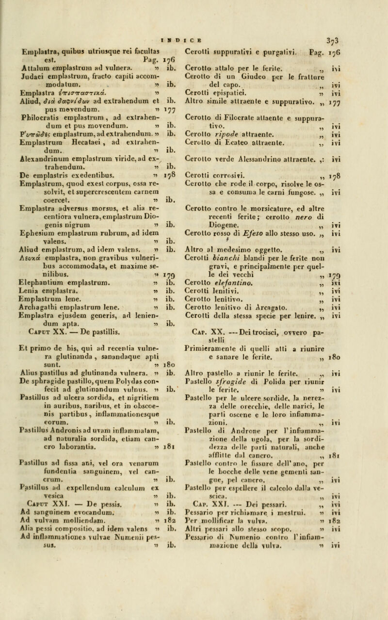 Emplastra, quibus utriusque rei facultas est. Pag. Attalura emplastrum ad vulnera. » Judaei emplastrum, fracto capiti accom- modatum. » Emplastra inna-Trao-rixd. » Aliud, ef/a JctipvtJuv ad extrahendum et pus mevenduro. » Philocratis emplastrum, ad extrahen- dum et pus movendum. » F'vrr £<?$<; emplastrum, ad extrahendum. » Emplastrum Hecataei , ad extrahen- dum. » Alexandrinum emplastrum viride, ad ex-^ trahendum. m De emplastris exedentibus. » Emplastrum, quod exest corpus, ossa re- solvit, etsupercrcscentem carnem coercet. » Emplastra adversus morsus, et alia re- centiora vulnera,emplastrum Dio- genis nigrum » Ephesium emplastrum rubrum, ad idem valens. « Aliud emplastrum, ad idem valens. » Aivxd emplastra, non gravibus vulneri- bus accommodata, et maxime se- nilibus. vt Elephantium emplastrum. » Lenia emplastra. n Emplastrum lene. « Archagathi emplastrum lene. » Emplastra ejusdem generis, ad lenien- dum apta. •» Caput XX. — De pastillis. Et primo de his, qui ad recentia vulne- ra glutinanda , sanandaque apti sunt. « Alius pastillus ad glutinanda vulnera. » De sphragide pastillo, quem Poi) das con- fecit ad glutinandum vulnus. » Pastillus ad ulcera sordida, et nigritiem in auribus, naribus, et in obscoe- nis partibus, inflammationesque eorum. « Pastillus Andronisad uvam infiammatali), ad naturalia sordida, eliam can- cro laborantia. » Pastillus ad fissa ani, vel ora venarum fundenlia sanguinem, vel can- crum. w Pastillus ad expellendum calculum ex vesica « Caput XXI. — De pessis.  Ad sanguinem evocandum. » Ad vulvam rnolliendam. » Alia pessi composilio. ad idem valens » Ad inflammationes vulvae Numeiiii pel- lai, ti I 9 D ib. ICE Cerotti suppurativi e purgativi. 373 Pag. 176 ib. ib. 177 ib. ib. ib. ib. 178 ib. ib. ib. ib. i79 ib. ib. ib. ib. ib. 180 ib. ib. ih. ib. ib. ib. ib. 182 ib. ib. Cerotto attalo per le ferite. ,, hi Cerotto di un Giudeo per le fratture del capo. „ ivi Cerotti epispatici. » ivi Altro simile attraente e suppurativo. „ 177 Cerotto di Filocrate attaenle e suppura- tivo. Cerotto npode attraente. „ Cerotto di Ecateo attraente. „ Altro al medesimo oggetto. „ Cerotti bianchi blandi per le ferite non gravi, e principalmente per quel- le dei vecchi „ Cerotto elefantino. „ Cerotti lenitivi. „ Cerotto lenitivo. „ Cerotto lenitivo di Arcagalo. „ Cerotti della stessa specie per lenire. „ Cap. XX. — Dei trocisci, ovvero pa- stelli Primieramente di quelli atti a riunire e sanare le ferite. „ Altro pastello a riunir le ferite. „ Pastello sjragide di Polida per riunir le ferite. •>•> Pastello per le ulcere sordide, la nerez- za delle orecchie, delle narici, le parti oscene e le loro infiamma- zioni. „ Pastello di Androne per l1 infiamma- zione della ugola, per la sordi- dezza delle parli naturali, anche afflitte dal cancro. „ Pastello contro le furare dell'ano, per le bocche delle vene gementi san- gue, pel cancro. „ Pastello per espellere il calcolo dalla ve- scica. „ Cap. XXI. -— Dei pessari. „ Pessario per richiamare i mestrui. n Per mollificar la vulva. » Altri pessari allo stesso scopo. n Pessario di Numenio contro rinfiam- ma/ione della vulva. « ivi ivi ivi Cerotto verde Alessandrino attraente. ,: ivi Cerotti corrosivi. „ 178 Cerotto che rode il corpo, risolve le os- sa e consuma le carni fungose. „ ivi Cerotto contro le morsicature, ed altre recenti ferite ; cerotto nero di Diogene. „ Cerotto rosso di Efeso allo stesso uso. „ ITI ivi J79 ivi ivi ivi ivi ivi 180 ivi ivi IVI i\i ivi [89 ili