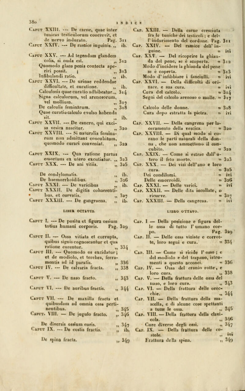 Caput XXIII. --- De carne, quae inter tuuicas tesliculorum concrevit, et «le nervo indurato. Pag. 3n Capct XX.IV. — De raraiee inguinis. „ ib. Caput XXV. — Ad tegendam glandem colis, si nuda est. „ 3i2 Quomodo glans penis contecta ape- ri ri possit. j ,, 3i3 Infibulandi ratio. „ ib. Capct XXVI. —De urinae reddendae difficultate, et curatione. „ ib. Calculosis quae curatio adhibeatur.,, 314 Si^na calculorum, vel arenosorum, vel mollium. M 317 De calculis feminarum. ., 3i8 Quae curatiocalculo evulso habenda sit. „ ib. Caput XXVII. — De cancro, qui exci- sa vesica nascitur. „ 320 Caput XXVIII. — Si naluralia feraina- runi non admittant concubitum, quomodo curari conveniat. ,, 322 Caput XXIX. — Qua ratione partus eruorluus ex utero excutiatur. „ 323 Caput XXX. — De ani vitiis. „ 325 De condvlomatis. ,, ib. De haemorrhoidibus. „ 326 Caput XXXI. — De varicibus „ ib. CàPVT XXXli. De digitis cohaerenti- • bus. et curvalis. „ 327 Caput XXXUI. — De gangraena. „ ib. Cap. XXIII Cap. Cap. Cap. Della carne cresciuta Ira le torneile dei testicoli ; e del- l'1 indurimento del cordone. Pag. 3ll XXIV. — Del ramice delP in- guine. 11 ivi XXV. — Del ricoprire la ghian- da del pene, se è scoperta. 1? 312 Modo d'incidere la ghianda del pene se è coperta. * 3i3 Modo d'infibbiare i fanciulli. r> ivi XXVI. — Della difficoltà di ori- nare, e sua cura. Cura del calcolo. « 314 Segui del calcolo arenoso o molle. « 317 Calcolo delle donne. * 3i8 Cura dopo estrutta la pietra. » ivi Gap. XXVII. — Della cangrena per la- ceramento della vescica. r> 320 Cap. XXVUI. — Di qual modo si cu- rano le parti naturali della don- na , che non ammettono il con- cubito. « 322 Cap. XXIX. — Come si estrae dall' u- tero il feto morto. « 323 Cap. XXX. — Dei viti dell'ano e loro cura. 1» 325 Dei condilomi. ivi Delle emorroidi. *> 326 Cap. XXXI. — Delle varici. n ivi Cap. XXX11. — Delle dita incollate, o ricurve. » 327 Cap. XXX11I. — Della cangrena. * ivi L1BEK OCTAVUS. Caput I. — De positu et figura ossium totius Immani corporis. Pag. 329 CvriT IL — Ossa vitiata et corrupta, quibus signis cognoscantur et qua ratione curentur. „ 334 Caput IH. — Quomodo os excidatur; et de modiolo, et terebra, ferra- menti» ad id parali*. „ 33G Caput IV. — De calvaria fiacla. „ 338 Capct V. — De naso fracto. „ 343 Caput VI. — De auribus fraclis. „ 344 Caput VII. — De maxilla fracta et quibusd.ini ad omnia ossa pcrti- n.ntibus. „ 345 . VIII. — De jugulo fracto. ,. 3/jG De diversi* ossiurn curis. ., 3.^7 Catut IX. --Do roitis fra.tis. .. ib. lh <j,lna Ji :k l.i. „ 3','J LIBRO OTTAVO. Cap. I — Della j>osizione e figura del- le ossa di tutto 1' umano cor- po. Pag. 3at> Cap. 11. — Delle ossa viziate e corrot- te, loro segni e cura. n 3'.>)'j Cap. 111. — Come si ricide P osso ; e del modiolo e del trapano, istru- menli a questo acconci. v 33f> Cap. IV. — Ossa del cranio rotte, e loro cura. „ 338 Cap. V. — Della frattura delle ossa del naso, e loro cura. ., 3j3 Cap. VI. — Della frattura delle orec- chie. „ 344 CAr. MI. — Dell.» frattura della ma- scella, e di alcune cose spettanti a tutte le ossa. « 345 Cap. Vili. — Della frattura della clavi- cola. ,, 3^fi Cure diverse degli ossi. ., 3^7 Cap. IX. — Della ltaltura delle co- stole. • - «vi 1 iattura della spina. „ 3/|«>