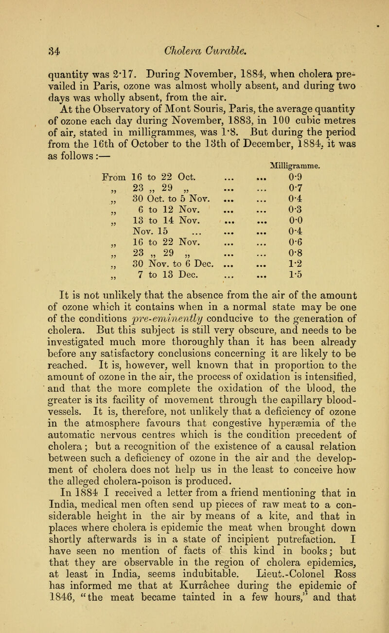 quantity was 2*17. During November, 1884, when cholera pre- vailed in Paris, ozone was almost wholly absent, and during two days was wholly absent, from the air. At the Observatory of Mont Souris, Paris, the average quantity of ozone each day during November, 1883, in 100 cubic metres of air, stated in milligrammes, was 1'8. But during the period from the 16th of October to the 18th of December, 1884. it was as follows:— From 16 to 22 Oct. „ 23 ,, 29 „ „ 30 Oct. to 5 Nov. „ 6 to 12 Nov. „ 13 to 14 Nov. Nov. 15 ... „ 16 to 22 Nov. „ 23 „ 29 „ „ 30 Nov. to 6 Dec. 7 to 13 Dec. Milligratnme. 0-9 0-7 0-4 0-3 0-0 0-4 0-6 0-8 1-2 1-5 It is not unlikely that the absence from the air of the amount of ozone which it contains when in a normal state may be one of the conditions j^re-e'Wimeiii^?/ conducive to the generation of cholera. But this subject is still very obscure, and needs to be investigated much more thoroughly than it has been already before any satisfactory conclusions concerning it are likely to be reached. It is, however, well known that in proportion to the amount of ozone in the air, the process of oxidation is intensified, and that the more complete the oxidation of the blood, the greater is its facility of movement through the capillary blood- vessels. It is^ therefore, not unlikely that a deficiency of ozone in the atmosphere favours that congestive hypersemia of the automatic nervous centres which is the condition precedent of cholera; but a recognition of the existence of a causal relation between such a deficiency of ozone in the air and the develop- ment of cholera does not help us in the least to conceive how the alleged cholera-poison is produced. In 1884 I received a letter from a friend mentioning that in India, medical men often send up pieces of raw meat to a con- siderable height in the air by means of a kite, and that in places where cholera is epidemic the meat when brought down shortly afterwards is in a state of incipient putrefaction. I have seen no mention of facts of this kind in books; but that they are observable in the region of cholera epidemics, at least in India_, seems indubitable. Lieut.-Colonel Koss has informed me that at Kurrachee during the epidemic of 1846, the meat became tainted in a few hours, and that