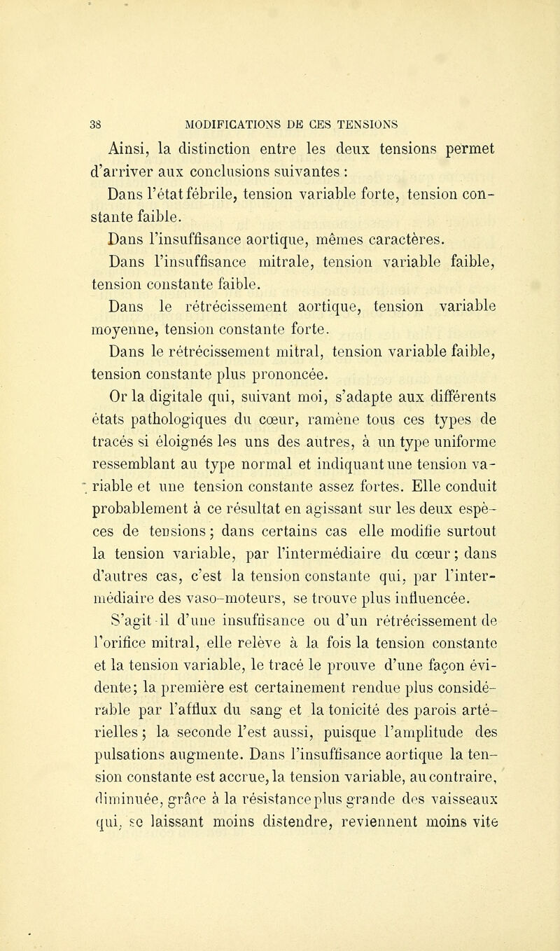 Ainsi, la distinction entre les deux tensions permet d'arriver aux conclusions suivantes : Dans l'état fébrile, tension variable forte, tension con- stante faible. Dans l'insuffisance aortique, mêmes caractères. Dans l'insuffisance mitrale, tension variable faible, tension constante faible. Dans le rétrécissement aortique, tension variable moyenne, tension constante forte. Dans le rétrécissement mitral, tension variable faible, tension constante plus prononcée. Or la digitale qui, suivant moi, s'adapte aux différents états pathologiques du cœur, ramène tous ces types de tracés si éloignés les uns des autres, à un type uniforme ressemblant au type normal et indiquant une tension va- . riable et une tension constante assez fortes. Elle conduit probablement à ce résultat en agissant sur les deux espè- ces de tensions ; dans certains cas elle modifie surtout la tension variable, par l'intermédiaire du cœur ; dans d'autres cas, c'est la tension constante qui, par l'inter- médiaire des vaso-moteurs, se tmuve plus influencée. S'agit-il d'une insuffisance ou d'un rétrécissement de l'orifice mitral, elle relève à la fois la tension constante et la tension variable, le tracé le prouve d'une façon évi- dente ; la première est certainement rendue plus considé- rable par l'afflux du sang et la tonicité des parois arté- rielles ; la seconde l'est aussi, puisq^ue l'amplitude des pulsations augmente. Dans l'insuffisance aortique la ten- sion constante est accrue, la tension variable, au contraire, diminuée, grâce à la résistance plus grande des vaisseaux qui. se laissant moins distendre, reviennent moins vite