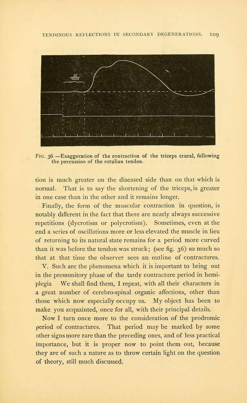 Fig. 36 —Exaggeration of the contraction of the triceps crural, following the percussion of the rotulian tendon. tion is much greater on the diseased side than on that which is normal. That is to say the shortening of the triceps, is greater in one case than in the other and it remains longer. Finally, the form of the muscular contraction in question, is notably different in the fact that there are nearly always successive repetitions (dyerotism or polycrotism). Sometimes, even at the end a series of oscillations more or less elevated the muscle in lieu of returning to its natural state remains for a period more curved than it was before the tendon was struck; (see fig. 36) so much so that at that time the observer sees an outline of contractures. V. Such are the phenomena which it is important to bring out in the premonitory phase of the tardy contracture period in hemi- plegia We shall find them, I repeat, with all their characters in a great number of cerebro-spinal organic affections, other than those which now especially occupy us. My object has been to make you acquainted, once for all, with their principal details. Now I turn once more to the consideration of the prodromic period of contractures. That period may be marked by some other signs more rare than the preceding ones, and of less practical importance, but it is proper now to point them out, because they are of such a nature as to throw certain light on the question of theory, still much discussed.