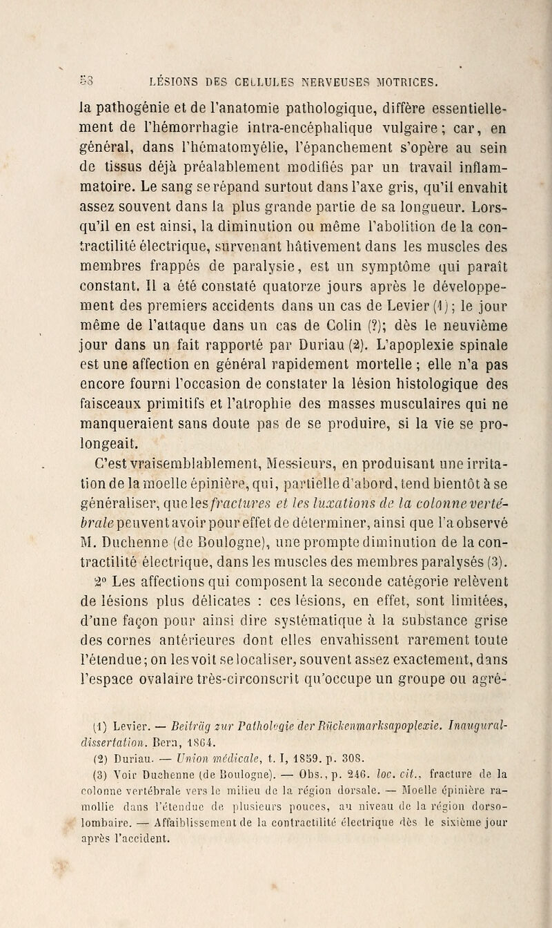 ■•3 LESIONS DES CELLULES NERVEUSES MOTRICES. la pathogénie et de l'anatomie pathologique, diffère essentielle- ment de l'héraorrhagie intra-encéphalique vulgaire; car, en général, dans rhématomyélie, l'épanchement s'opère au sein de tissus déjà préalablement modifiés par un travail inflam- matoire. Le sang se répand surtout dans Taxe gris, qu'il envahit assez souvent dans la plus grande partie de sa longueur. Lors- qu'il en est ainsi, la diminution ou même l'abolition de la con- tractilité électrique, survenant hâtivement dans les muscles des membres frappés de paralysie, est un symptôme qui paraît constant. Il a été constaté quatorze jours après le développe- ment des premiers accidents dans un cas de Levier (1); le jour même de l'attaque dans un cas de Colin (?); dès le neuvième jour dans un fait rapporté par Duriau (2). L'apoplexie spinale est une affection en général rapidement mortelle ; elle n'a pas encore fourni l'occasion de constater la lésion histologique des faisceaux primitifs et l'atrophie des masses musculaires qui ne manqueraient sans doute pas de se produire, si la vie se pro- longeait. C'est vraisemblablement, Messieurs, en produisant une irrita- tion de la moelle épinière, qui, partielle d'abord, tend bientôt à se généraliser, queAesfractiires et les luxations de la cotonneverte'- brale peuvent avoir pour effet de déterminer, ainsi que l'a observé M. Duchenne (de Boulogne), une prompte diminution de lacon- tractilité électrique, dans les muscles des membres paralysés (3), 2° Les affections qui composent la seconde catégorie relèvent de lésions plus délicates : ces lésions, en effet, sont limitées, d'une façon pour ainsi dire systématique à la substance grise des cornes antérieures dont elles envahissent rarement toute l'étendue; on les voit se localiser, souvent assez exactement, dans l'espace ovalairetrès-circonscrit qu'occupe un groupe ou agré- ai) Levier. — Beitrcig zitr Patholûgie der Bnckenmarksapoplexie. Inaugural- dissertation. Bcrn, -1804. (■2) Duriau. — Union médicale, t. I, 1859. p. 308. (3) Voir Duchenne (.de Boulogne). — Obs.,p. 246. loc. cit., fracture de la colonne vertébrale vers le milieu de la région dorsale. — Moelle épinière ra- mollie dans l'étendue do plusieurs pouces, au niveau de la région dorso- lombaire. — Affaiblissement de la contractilité électrique des le sixième jour après l'accident.