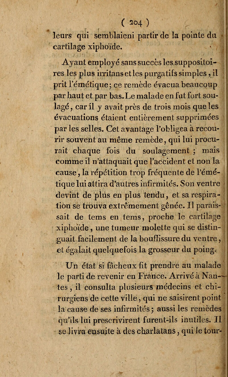 leurs qui semblaieni partir de la pointe du cartilage xiphoïde. Ayant employé sans succès les suppositoi- res les plus irritansetles purgatifs simples, il prit l'émétique; ce remède évacua beaucoup par haut et par bas. Le malade en fut fort sou- lagé, car il y avait près de trois mois que les évacuations étaient entièrement supprimées par les selles. Cet avantage l'obligea à recou- rir souvent au même remède, qui lui procu- rait chaque fois du soulagement ; mais comme il n'attaquait que l'accident et non la cause, la répétition trop fréquente de l'émé- tique lui attira d'autres infirmités. Son ventre jj devint de plus en plus tendu, et sa respira- tion se trouva extrêmement gênée. Il parais- sait de tems en tems, proche le cartilage xiphoïde, une tumeur molette qui se distin- guait facilement de la bouffissure du ventre, et égalait quelquefois la grosseur du poing. Un état si fâcheux fit prendre au malade le parti de revenir en France. Arrivé à Nan— tes, il consulta plusieurs médecins et chi- 1 rurgiens de cette ville, qui ne saisirent point la cause de ses infirmités; aussi les remèdes qu'ils lui prescrivirent furent-ils inutiles. Il \ se livra ensuite à des charlatans, qui Je tour-