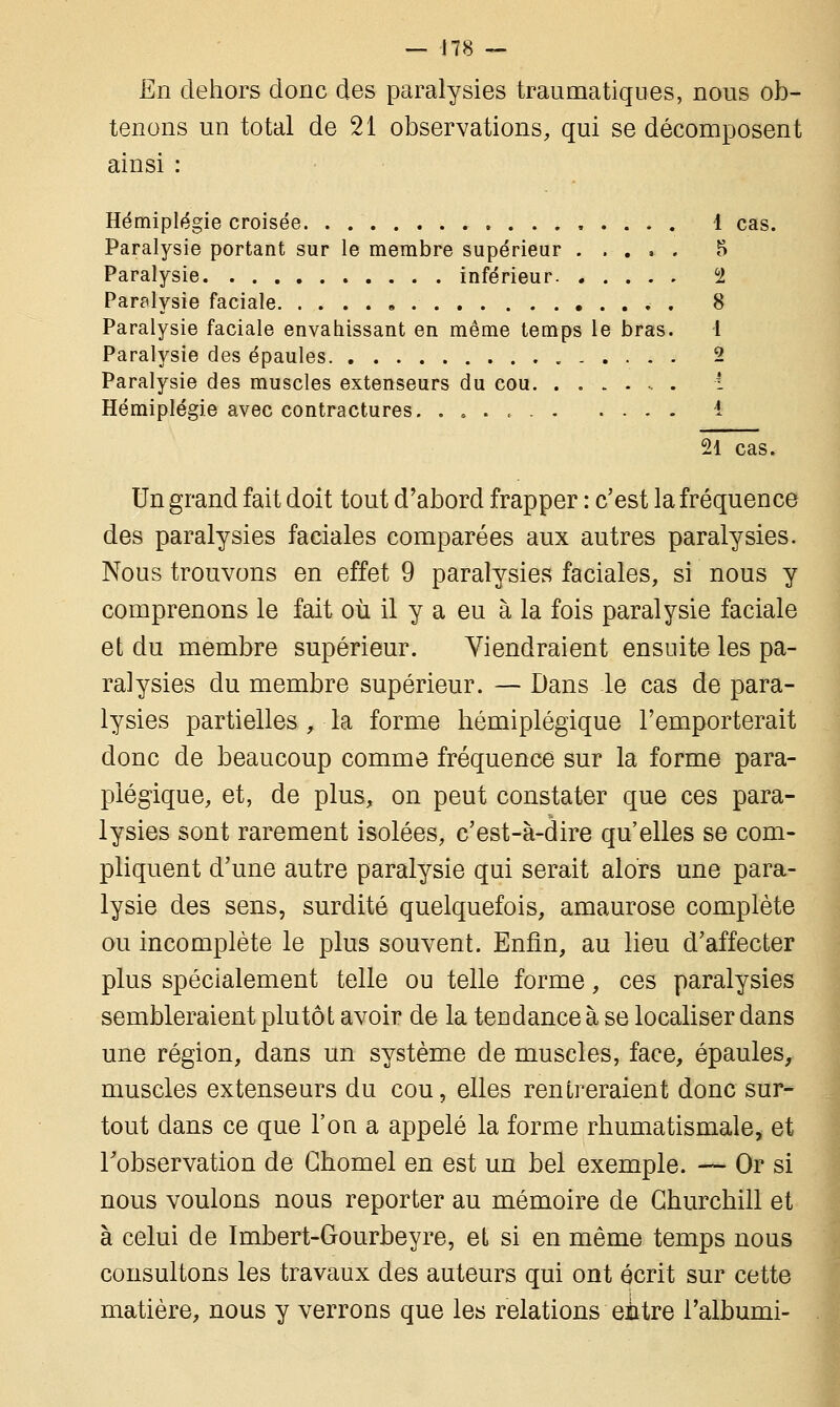 En dehors donc des paralysies trau ma tiques, nous ob- tenons un total de 21 observations, qui se décomposent ainsi : Hémiplégie croisée 1 cas. Paralysie portant sur le membre supérieur 5 Paralysie inférieur. 1 Paralysie faciale . 8 Paralysie faciale envahissant en même temps le bras. I Paralysie des épaules 2 Paralysie des muscles extenseurs du cou. ...... i Hémiplégie avec contractures. . . . . i 21 cas. Un grand fait doit tout d'abord frapper : c'est la fréquence des paralysies faciales comparées aux autres paralysies. Nous trouvons en effet 9 paralysies faciales, si nous y comprenons le fait où il y a eu à la fois paralysie faciale et du membre supérieur. Viendraient ensuite les pa- ralysies du membre supérieur. — Dans le cas de para- lysies partielles , la forme hémiplégique l'emporterait donc de beaucoup comme fréquence sur la forme para- plégique, et, de plus, on peut constater que ces para- lysies sont rarement isolées, c'est-à-dire qu'elles se com- pliquent d'une autre paralysie qui serait alors une para- lysie des sens, surdité quelquefois, amaurose complète ou incomplète le plus souvent. Enfin, au lieu d'affecter plus spécialement telle ou telle forme, ces paralysies sembleraient plutôt avoir de la tendance à se localiser dans une région, dans un système de muscles, face, épaules, muscles extenseurs du cou, elles rentreraient donc sur- tout dans ce que l'on a appelé la forme rhumatismale, et l'observation de Ghomel en est un bel exemple. — Or si nous voulons nous reporter au mémoire de Churchill et à celui de Imbert-Gourbeyre, et si en même temps nous consultons les travaux des auteurs qui ont écrit sur cette matière, nous y verrons que les relations entre l'albumi-