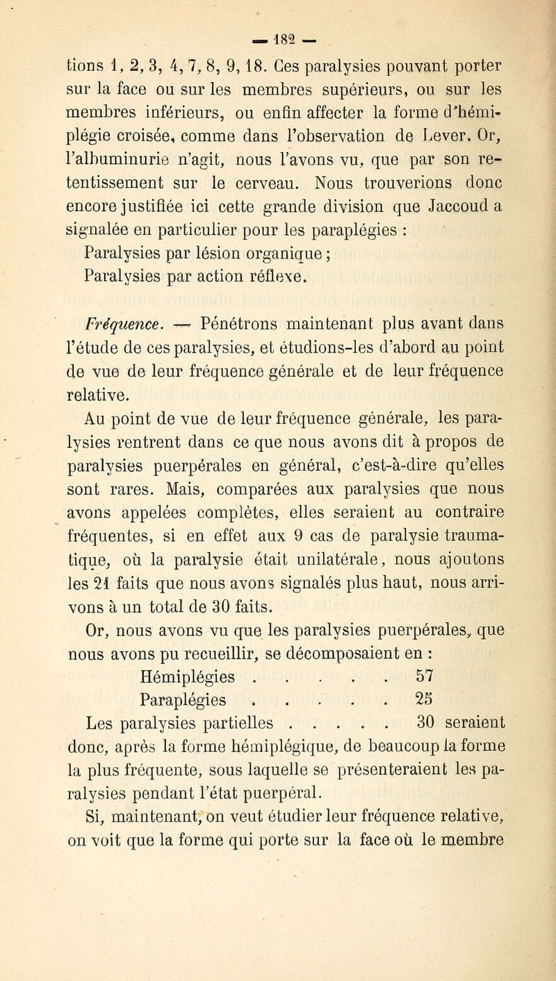 tions 1, 2, 3, 4,7, 8, 9,18. Ces paralysies pouvant porter sur la face ou sur les membres supérieurs, ou sur les membres inférieurs, ou enfin affecter la forme d'hémi- plégie croisée, comme dans l'observation de Lever. Or, l'albuminurie n'agit, nous l'avons vu, que par son re- tentissement sur le cerveau. Nous trouverions donc encore justifiée ici cette grande division que Jaccoud a signalée en particulier pour les paraplégies : Paralysies par lésion organique ; Paralysies par action réflexe. Fréquence. — Pénétrons maintenant plus avant dans l'étude de ces paralysies, et étudions-les d'abord au point de vue de leur fréquence générale et de leur fréquence relative. Au point de vue de leur fréquence générale, les para- lysies rentrent dans ce que nous avons dit à propos de paralysies puerpérales en général, c'est-à-dire qu'elles sont rares. Mais, comparées aux paralysies que nous avons appelées complètes, elles seraient au contraire fréquentes, si en effet aux 9 cas de paralysie trauma- tique, où la paralysie était unilatérale, nous ajoutons les 21 faits que nous avons signalés plus haut, nous arri- vons à un total de 30 faits. Or, nous avons vu que les paralysies puerpérales, que nous avons pu recueillir, se décomposaient en : Hémiplégies 57 Paraplégies « . . . .25 Les paralysies partielles 30 seraient donc, après la forme hémiplégique, de beaucoup la forme la plus fréquente, sous laquelle se présenteraient les pa- ralysies pendant l'état puerpéral. Si, maintenant, on veut étudier leur fréquence relative, on voit que la forme qui porte sur la face où le membre