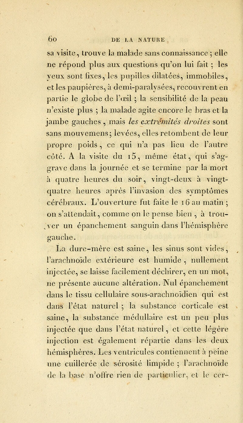 sa Yisitc, trouve la malade sans connaissance ; elle ne répond plus aux questions qu'on lui fait ; les yeux sont fixes, les pupilles dilatées, immobiles, et les paupières, à demi-paralysées, recouvrent en partie le globe de l'œil ; la sensibilité de la peau n'existe plus ; la malade agite encore le bras et la jambe gauches, mais les eoctréniités droites sont sans mouvemens; levées, elles retombent de leur propre poids, ce qui n'a pas lieu de l'autre côté. A la visite du i5, même état, qui s'ag- grave dans la journée et se termine par la mort à quatre heures du soir, vingt-deux à vingt- quatre heures après l'invasion des symptômes cérébraux. L'ouverture fut faite le ï6 au matin -, on s'attendait, comme on le pense bien , à trou- ,ver un épanchement sanguin dans l'hémisphère gauche. La dure-mère est saine, les sinus sont vides, l'arachnoïde extérieure est humide , nullement injectée, se laisse facilement déchirer, en un mot, ne présente aucune altération. Nul épanchement dans le tissu cellulaire sous-arachnoïdien qui est dans l'état naturel ; la substance corticale est x saine, la substance médullaire est un peu plus injectée que dans l'état naturel, et cette légère injection est également répartie dans les deux hémisphères. Les ventricules contiennent à peine une cuillerée de sérosité limpide ; l'arachnoïde de la base n'offre rien de parti<;ulier, et le cer-