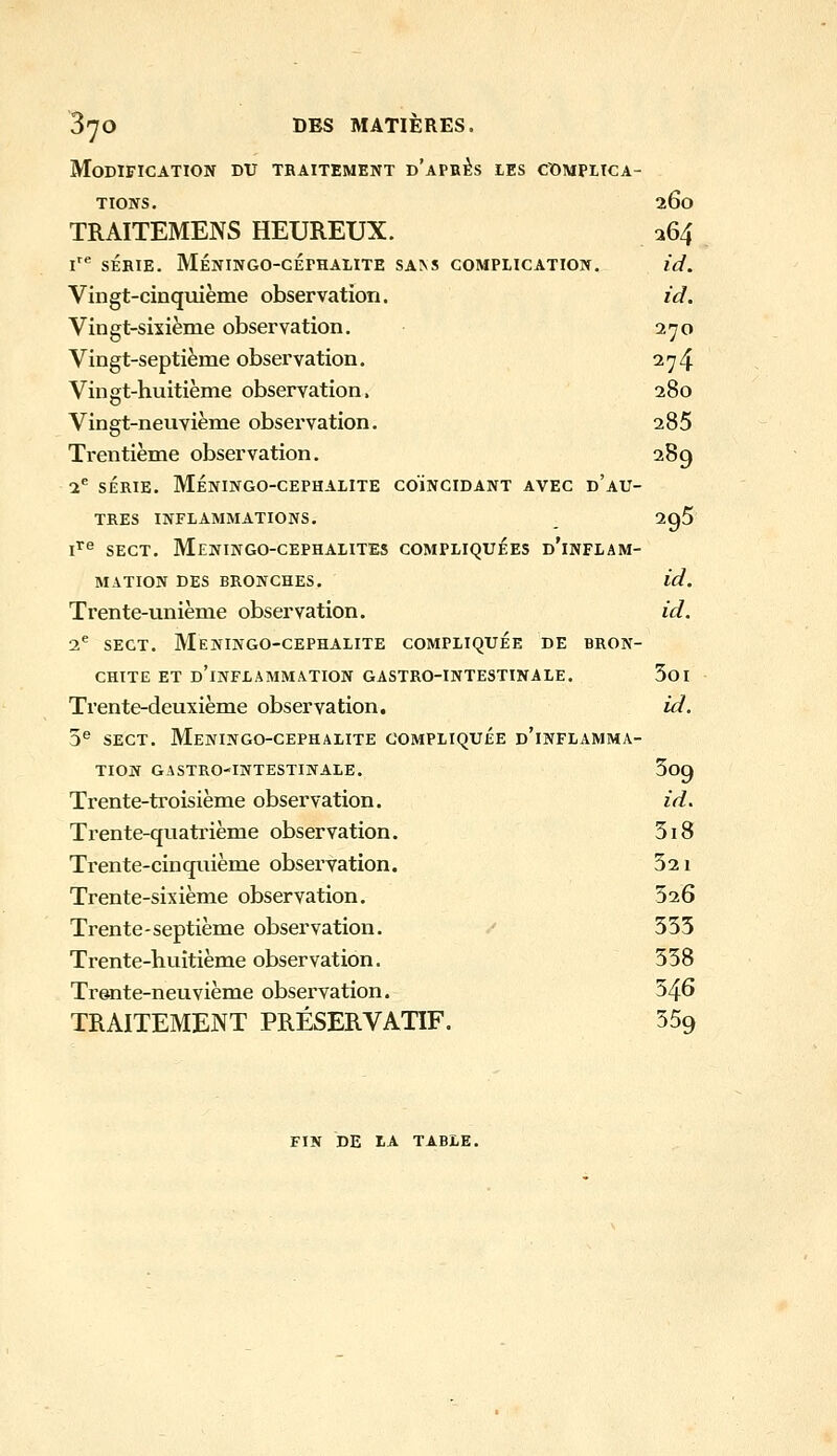 Modification du tbaitement d'après ies cï)MPi,tcA- TIONS. 260 TRAITEMENS HEUREUX. a64 l^^ SÉRIE. MÉNINGO-GÉPHALITE SA^S COMPLICATION. id. Vingt-cinquième observation. id. Vingt-sixième observation. 270 Vingt-septième observation. 274 Vingt-huitième observation. 280 Vingt-neuvième observation. 285 Trentième observation. 289 1^ SÉRIE. MÉNINGO-CEPHALITE COÏNCIDANT AVEC d'aU- TRES INFLAMMATIONS. 2g5 I^^ SECT. MenINGO-CEPHALITES COMPLIQUÉES d'iNFLAM- MATION DES BRONCHES. id. Trente-unième observation. id. 1 SECT. MeNINGO-CEPHALITE COMPLIQUÉE DE BRON- CHITE ET d'inflammation GASTRO-INTESTINALE. 3oi Trente-deuxième observation. id. ^^ SECT. MeNINGO-CEPHALITE COMPLIQUEE d'iNFLAMMA- TION GASTRO-INTESTINALE. SoQ Trente-troisième observation. id. Trente-quatrième observation. 5i8 Trente-cinquième obsei'vation. 621 Trente-sixième observation. 326 Trente-septième observation. / 553 Trente-huitième observation. 558 Trente-neuvième observation. 546 TRAITEMENT PRÉSERVATIF. 559 FIN DE LA TABLE.