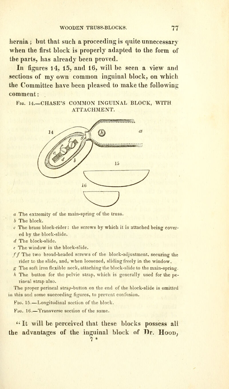 liernia; but that such a proceeding is quite unnecessary when the first block is properly adapted to the form of the parts, has already been proved. In figures 14, 15, and 16, will be seen a view and sections of my own common inguinal block, on which the Committee have been pleased to make the following comment: Fig. 14 CHASE'S COMMON INGUINAL BLOCK, WITH ATTACHMENT. a The extremity of the main-spring- of the truss. h The block. c The brass block-rider: the screws by which it is attached being cover- ed by the block-slide. d The block-slide. t The window in the block-slide. // The two broad-headed screws of the block-adjustment, securing the rider to the slide, and, when loosened, sliding freely in the window. g The soft iron flexible neck, attaching the block-slide to the main-spring. h The button for the pelvic strap, which is generally used for the pe- rineal strap also. The proper perineal strap-button on the end of the block-slide is omitted in this and some succeeding figures, to prevent confusion. Fig. 15.—Longitudinal section of the block. Fig. 16.—Transverse section of the same. '^It will be perceived that these blocks possess all the advantages of the inguinal block of T)r. Hood, 7 ♦