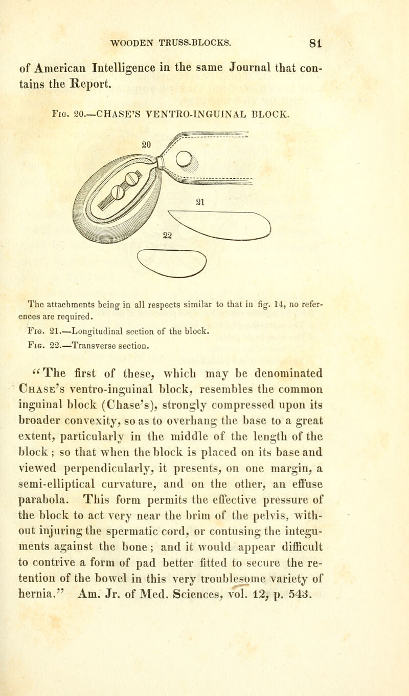 of American Intelligence in the same Journal that con- tains the Report. Fig. 20—CHASE'S VENTRO-INGUINAL BLOCK. The attachments being in all respects similar to that in fig. 14, no refer- ences are required. Fig. 21.—Longitudinal section of the block. Fig. 22.—Transverse section. ^^The first of these, which may be denominated Chase's ventro-inguinal block, resembles the common inguinal block (Chase's), strongly compressed upon its broader convexity, so as to overhang the base to a great extent, particularly in the middle of the length of the block ; so that when the block is placed on its base and viewed perpendicularly, it presents, on one margin, a semi-elliptical curvature, and on the other, an effuse parabola. This form permits the effective pressure of the block to act very near the brim of the pelvis, with- out injuring the spermatic cord, or contusing the integu- ments against the bone; and it would appear difficult to contrive a form of pad better fitted to secure the re- tention of the bowel in this very troublesome variety of hernia.*' Am. Jr. of Med. Sciences, vol. 12, p. 54^3.