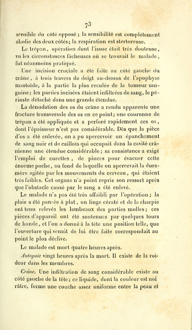 sensible du côté opposé ; la sensibilité est complètement abolie des deux côtés; la respiration est stertoreuse. Le tiépan, opération dont l'issue était très douteuse, vu les ciiconslaiiccs l'àclieuscs où se trouvait le malade, fut néanmoins pratiqué. Une incision cruciale a été faite au côté gauche du crâne , à trois travers de doigt au-dessus de raj)opliyse masloïde, à la partie la plus reculée de la tumeur san- guine; les parties incisées étaient infiltrées de sang, le pé- rioste détaché dans une grande étendue. La dénudation des os du crâne a rendu apparente une fracture transversale des os en ce point; une couronne de trépan a été appliquée et a perforé rapidement ces os , dont l'épaisseur n'est pas considérable. Dès que la pièce d'os a été enlevée, on a pu apercevoir un épanchement de sang noir et de caillots qui occupait dans la cavité crâ- nienne une étendue considérable; sa consistance a exigé l'emploi de curettes , de pinces pour évacuer cette énorme poche^ au fond de Inquelle on apercevait la dure- mère agitée parles mouvements du cerveau, qui étaient très faibles. Cet organe n'a point repris son ressort après que l'obstacle causé par le sang a été enlevé. Le malade n'a pas été très affaibli par l'opération ; la plaie a été panfée à plat, un linge cératé et de la charpie ont tenu relevés les lambeaux des parties molles ; ces pièces d'appareil ont été soutenues par quelques tours de bande , et l'on a donné à la tête une position telle, que l'ouverture qui venait de lui être faite correspondait au point le plus déclive. Le malade est mort quatre heures après. Autopsie vingt heures après la mort. Il existe de la roi- deur dans les membres. Crâne. Une infiltration de sang considérable existe au côté gauche de la tête ; ce liquide, dont la couleur est noi râtre, forme une couche assez uniforme entre la peau et