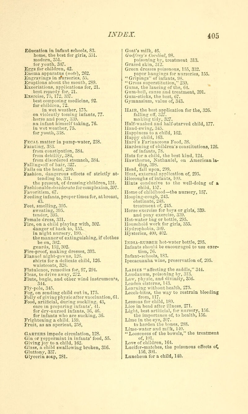 Education in infant schools, 83. home, the best for girls, 351. modern, 351. for youth, 347. Eggs for children, 42. Enema apparatus (note), 262. Engravings in irurseries, 55. Eruptions about the mouth, 289. Excoriations, applications for, 21. best remedy for, 21. Exercise, 75, 172, 337. best composing medicine, 92. for children, 72. in wet weather, 175. on violently tossing infants, 77. horse and pony, 339. an infant himself taking, 76. in wet weather, 75. for youth, 338. Fecal matter in pump-water, 238. Fainting, 383. from constipation, 384. from debility, 384, from disordered stomach, 384. Falling-off of hair, 327. Falls on the head, 299. Fashion, dangerous effects of strictly at- tending to, 331. the present, of dressing children, 131. Fashionable desiderata for complexion, 397. Favoritism, 67. Feeding infants, proper times for, at breast, 43. Feet, smelling, 395. sweating, 395. tender, 395. Female dress, 331. Fire, on a child playing with, 302. danger of back to, 153. in night nursery, 190. the manner of extinguishing, if clothes be on, 302. guards, 152, 302. Fire-proof, making dresses, 303. Flannel night-gowns, 126. shirts for a delicate child, 126. waistcoats, 328. Flatulence, remedies for, 97, 294. Fleas, to drive away, 272. Flute, bugle, and other wind instruments, 344. Fly-pole, 345. Fog, on sending child out in, 175. Folly of giving physic after vaccination, 61. Food, artificial, during suckling, 43, care in preparing infants', 41. for dry-nursed infants, 36, 46. for infants who are sucking, 36. Frightening a child, 159. Fruit, as an aperient, 258, Garters impede circulation, 128. Gin or peppermint in infants' food, 55. Giving joy to a child, 162. Glass, a child swallowing broken, 316. Gluttony, 337. Glycerin soap, 281. Goat's milk, 46. Godfrey's Cordial, 98. poisoning by, treatment 313. Grazed skin, 312. Green dresses poisonous, 155, 332. paper hangings for nurseries, 155. Gripings of infants, 98. Gross superstitution, 230. Gums, the lancing of the, 64. Gum-boil, cause and treatment, 391. Gum-sticks, the best, 67. Gymnasium, value of, 343. Hair, the best application for the, 326. falling off, 327. making tidy, 327. Half-washed and half-starved child, 177. Hand-swing, 345. Happiness to a child, 162. Happy child, 163. Hard's Farinaceous Food, 38. Hardening of children's constitutions, 126. of infants, 78. Hats for a child, the best kind, 124. Hawthorne, Nathaniel, on American la- dies, 393. Head, fall upon, 299. Heat, external application of, 295. Hiccoughs of infants, 100. Hints conducive to the well-doing of a child, 157. Home of childhood—the nursery, 157. Hooping-cough, 243. obstinate, 248. treatment of, 245. Horse exercise for boys or girls, 339. and pony exercise, 339. Hot-water bag or bottle, 295. Household work for girls, 355. Hydrophobia, 309. Hysterics, 400, 402. India-rubber hot-water bottle, 295. Infants should be encouraged to use exer- tion, 76. Infant-schools, 183. Ipecacuanha wine, preservation of, 205. Ladies affecting the saddle, 344. Laudanum, poisoning by, 313. Law, physic, and divinity, 356. Leaden cisterns, 143. Learning without health, 275. Leech-bites, the way to restrain bleeding from, 117. Lessons for child, 180. Lice in head after illness, 271. Light, best artificial, for nursery, 156. the importance of, to health, 156. Lime in the eye, 307. to harden the bones, 2S8. Lime-water and milk, 140. Looseness of the bowels, the treatment of, 101. Love of children, 164. Lucifer-matches, the poisonous effects of, 156, 301. Luncheon for a child, 140.
