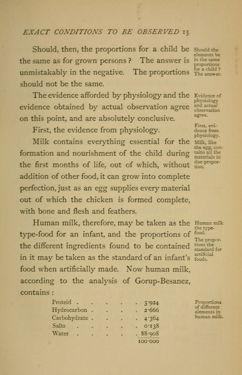 Should, then, the proportions for a child be the same as for grown persons ? The answer is ir- ** h?me unmistakably in the negative. The proportions should not be the same. The evidence afforded by physiology and the evidence obtained by actual observation agree a-rc actH on this point, and are absolutely conclusive. First, the evidence from physiology. Milk contains everything essential for the Miik, ute formation and nourishment of the child during v- 0 materials m the first months of life, out of which, without ;':;-' addition of other food, it can grow into complete perfection, just as an egg supplies every material out of which the chicken is formed complete, with bone and flesh and feathers. Human milk, therefore, may be taken as the Human miik the type- type-food for an infant, and the proportions of food- the different ingredients found to be contained I^ndSdfor in it may be taken as the standard of an infant's food when artificially made. Now human milk, according to the analysis of Gorup-Besanez, contains : Proteid . • 3-924 Hydrocarbon . . 2-666 Carbohydrate . • 4-364 Salts . 0-138 Water . 88-908 100-ooo £.r.:r iis.1 Proportions of different elements in :. _r:r.3.7. ~.:1-:.