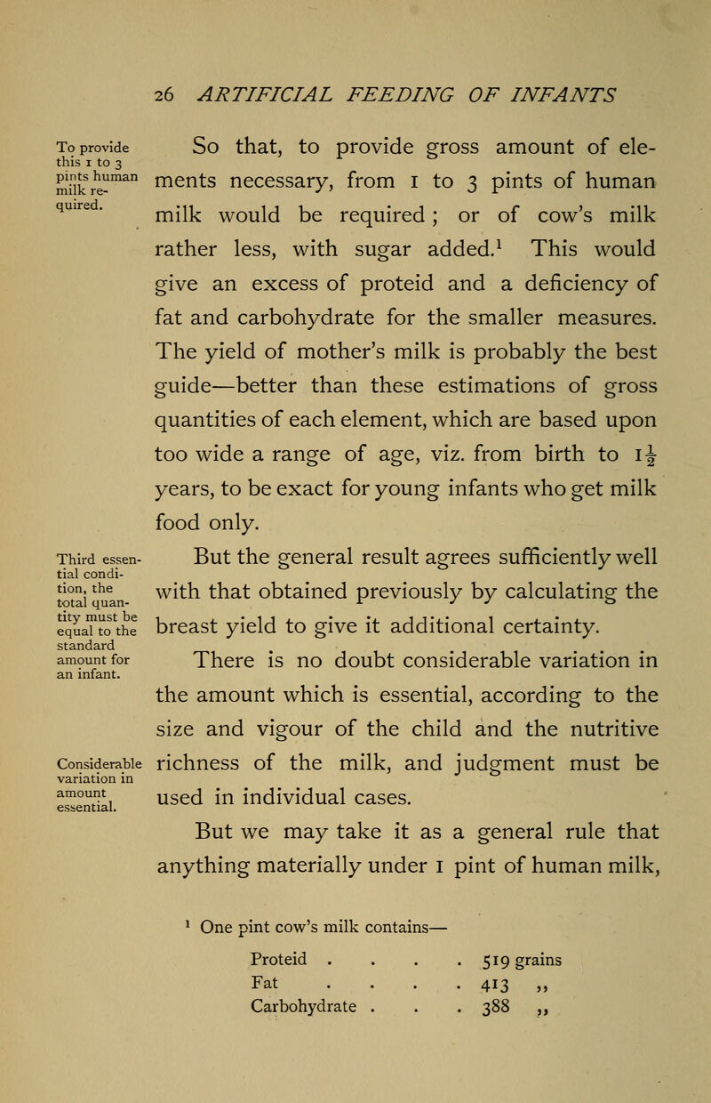 To provide So that, to provide gross amount of ele- this i to 3 Skr1Tian nients necessary, from I to 3 pints of human milk would be required; or of cow's milk rather less, with sugar added.1 This would give an excess of proteid and a deficiency of fat and carbohydrate for the smaller measures. The yield of mother's milk is probably the best guide—better than these estimations of gross quantities of each element, which are based upon too wide a range of age, viz. from birth to 1 \ years, to be exact for young infants who get milk food only. Third essen- But the general result agrees sufficiently well tial condi- totai' uln- Wlt^ t^iat obtained previously by calculating the eqLTtlfthe breast yield to give it additional certainty. standard amount for There is no doubt considerable variation in an infant. the amount which is essential, according to the size and vigour of the child and the nutritive Considerable richness of the milk, and judgment must be variation in essential used *n individual cases. But we may take it as a general rule that anything materially under 1 pint of human milk, 1 One pint cow's milk contains— Proteid . . . .519 grains Fat .... 413 „ Carbohydrate . . . 388 „