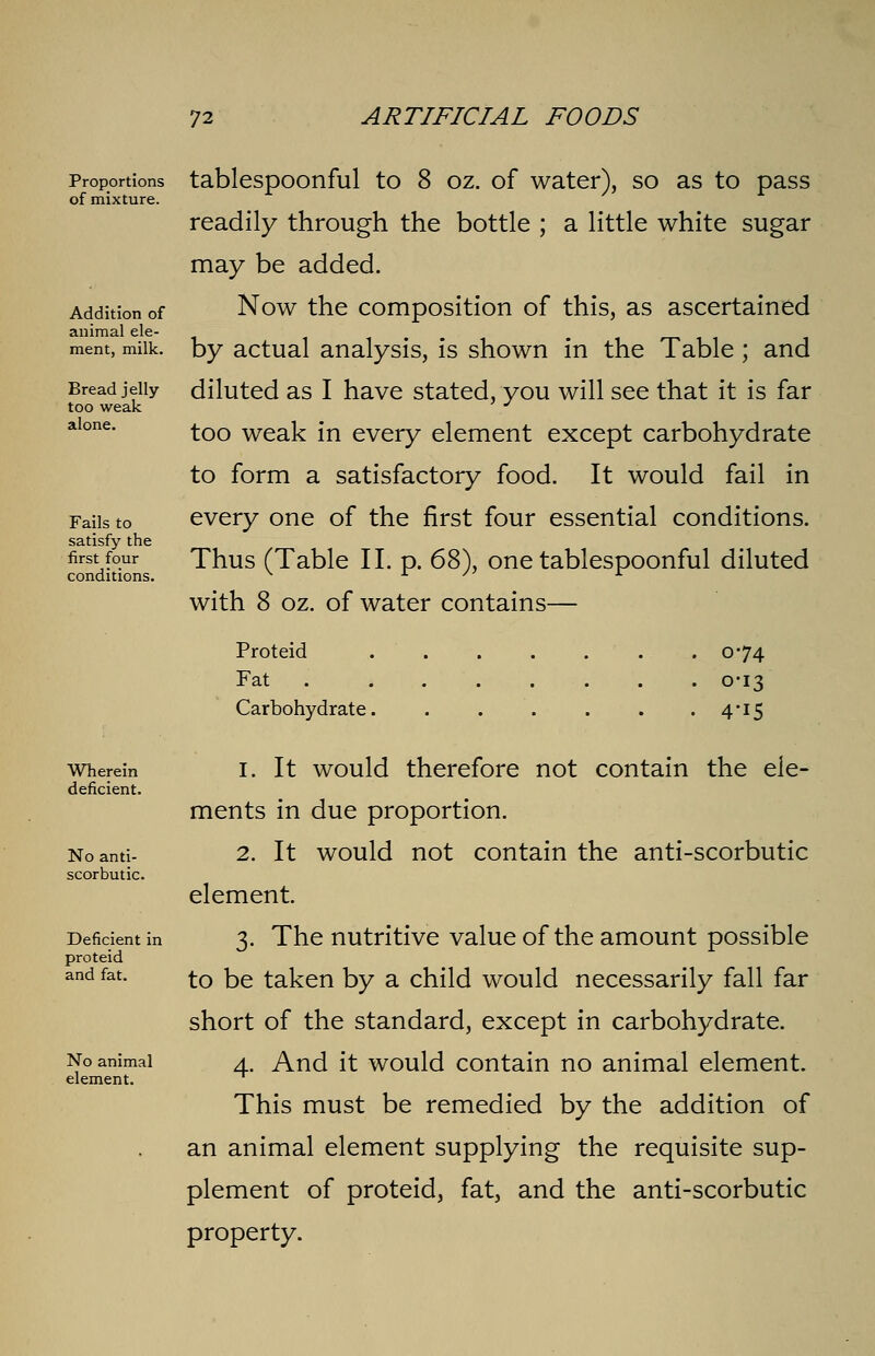 Proportions of mixture. Addition of animal ele- ment, milk. Bread jelly too weak alone. Fails to satisfy the first four conditions. Wherein deficient. No anti- scorbutic. Deficient in proteid and fat. No animal element. 72 ARTIFICIAL FOODS tablespoonful to 8 oz. of water), so as to pass readily through the bottle ; a little white sugar may be added. Now the composition of this, as ascertained by actual analysis, is shown in the Table ; and diluted as I have stated, you will see that it is far too weak in every element except carbohydrate to form a satisfactory food. It would fail in every one of the first four essential conditions. Thus (Table II. p. 68), one tablespoonful diluted with 8 oz. of water contains— Proteid . . . . . . . 0*74 Fat 0-13 Carbohydrate. . . . . . .4-15 i. It would therefore not contain the ele- ments in due proportion. 2. It would not contain the anti-scorbutic element. 3. The nutritive value of the amount possible to be taken by a child would necessarily fall far short of the standard, except in carbohydrate. 4. And it would contain no animal element. This must be remedied by the addition of an animal element supplying the requisite sup- plement of proteid, fat, and the anti-scorbutic property.