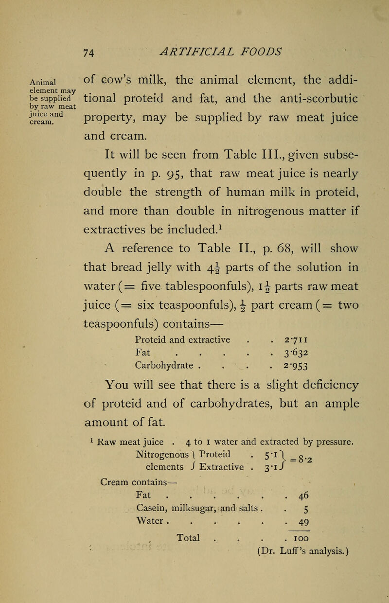 Animal of cow's milk, the animal element, the addi- element may . . . be supplied tional proteid and fat, and the anti-scorbutic by raw meat Jcream!nd property, may be supplied by raw meat juice and cream. It will be seen from Table III., given subse- quently in p. 95, that raw meat juice is nearly double the strength of human milk in proteid, and more than double in nitrogenous matter if extractives be included.1 A reference to Table II., p. 68, will show that bread jelly with 4 J parts of the solution in water (= five tablespoonfuls), \\ parts raw meat juice (= six teaspoonfuls), \ part cream (= two teaspoonfuls) contains— Proteid and extractive . . 2711 Fat 3-632 Carbohydrate . . . . 2'953 You will see that there is a slight deficiency of proteid and of carbohydrates, but an ample amount of fat. 1 Raw meat juice . 4 to 1 water and extracted by pressure. Nitrogenous) Proteid . 5'0 _o._ elements J Extractive . 3'IJ Cream contains— Fat 46 Casein, milksugar, and salts. . 5 Water ...... 49 Total ...... 100 (Dr. Luff's analysis.)