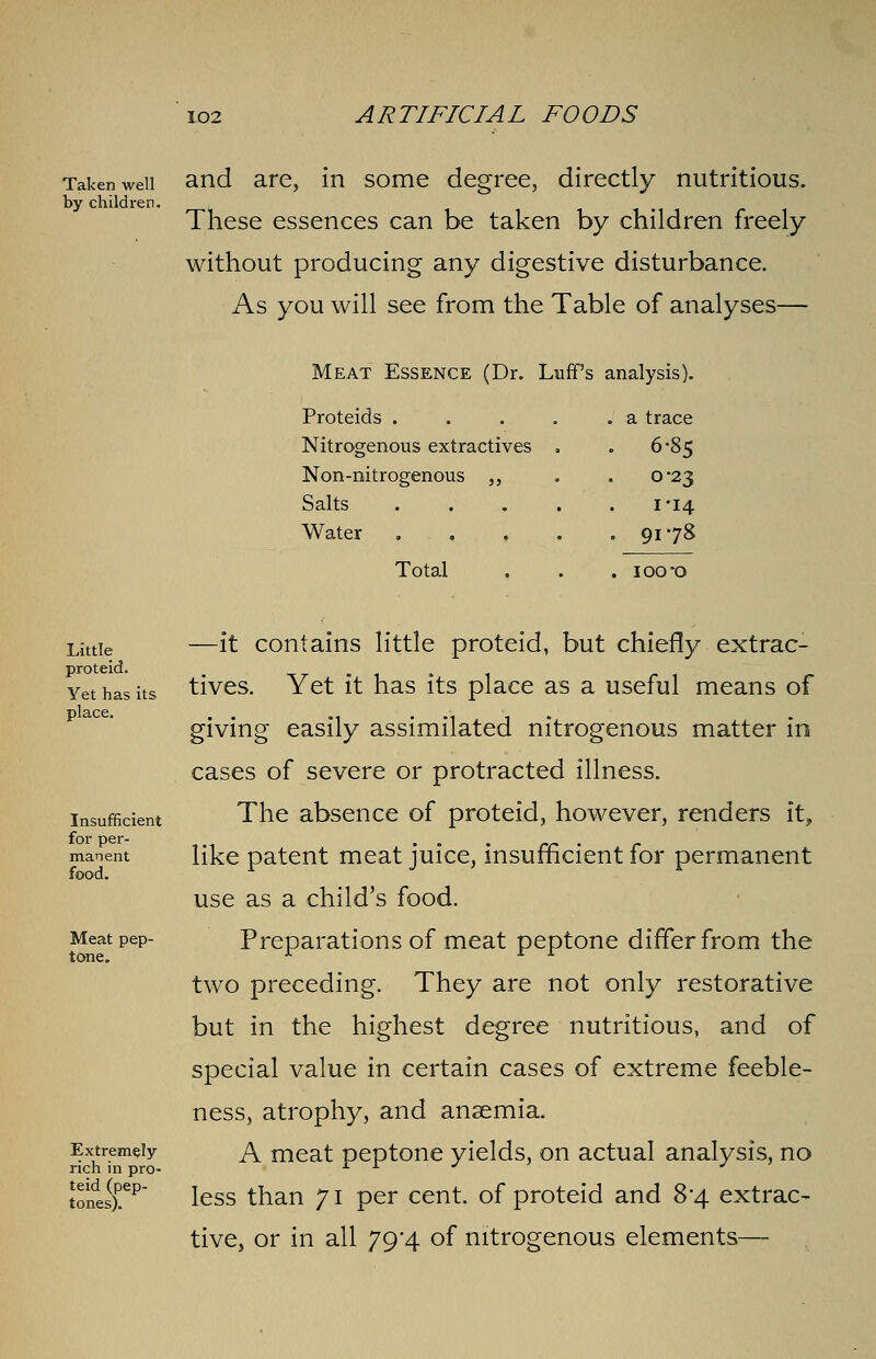 Taken weii and are, in some degree, directly nutritious. by children. These essences can be taken by children freely without producing any digestive disturbance. As you will see from the Table of analyses— Meat Essence (Dr. Luffs analysis). Proteids .... . a trace Nitrogenous extractives . . 6-85 Non-nitrogenous ,, 0-23 Salts .... . 1-14 Water .... . 9178 Total . 100*0 Little proteid. Yet has its place. Insufficient for per- manent food. Meat pep- tone. Extremely- rich in pro- teid (pep- tones). —it contains little proteid, but chiefly extrac- tives. Yet it has its place as a useful means of giving easily assimilated nitrogenous matter in cases of severe or protracted illness. The absence of proteid, however, renders it, like patent meat juice, insufficient for permanent use as a child's food. Preparations of meat peptone differ from the two preceding. They are not only restorative but in the highest degree nutritious, and of special value in certain cases of extreme feeble- ness, atrophy, and anaemia. A meat peptone yields, on actual analysis, no less than 71 per cent, of proteid and 8*4 extrac- tive, or in all 79/4 of nitrogenous elements—