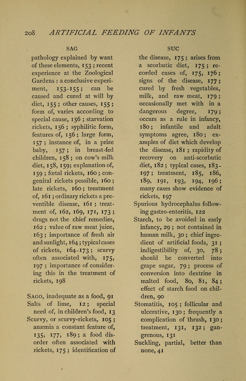 SAG pathology explained by want of these elements, 153 ; recent experience at the Zoological Gardens : a conclusive experi- ment, IS3-I55; can be caused and cured at will by diet, 155 ; other causes, 155 ; form of, varies according to special cause, 156 ; starvation rickets, 156 ; syphilitic form, features of, 156; large form, 157 ; instance of, in a prize baby, 157; in breast-fed children, 158 ; on cow's milk diet, 158, 159; explanation of, 159 ; foetal rickets, 160 ; con- genital rickets possible, 160 ; late rickets, 160; treatment of, 161; ordinary rickets a pre- ventable disease, 161 ; treat- ment of, 162, 169, 171, 173 ; drugs not the chief remedies, 162 ; value of raw meat juice, 163 ; importance of fresh air and sunlight, 164; typical cases of rickets, 164-173 ; scurvy often associated with, 175, 197 ; importance of consider- ing this in the treatment of rickets, 198 Sago, inadequate as a food, 91 Salts of lime, 12; special need of, in children's food, 13 Scurvy, or scurvy-rickets, 105 ; anaemia a constant feature of, 135, 177, 189; a food dis- order often associated with rickets, 175 ; identification of sue the disease, 175 ; arises from a scorbutic diet, 175 ; re- corded cases of, 175, 176; signs of the disease, 177; cured by fresh vegetables, milk, and raw meat, 179; occasionally met with in a dangerous degree, 179; occurs as a rule in infancy, 180; infantile and adult symptoms agree, 180; ex- amples of diet which develop the disease, 181 ; rapidity of recovery on anti-scorbutic diet, 182; typical cases, 183- 197; treatment, 185, 186, 189, 191, 193, 194, 196; many cases show evidence of rickets, 197 Spurious hydrocephalus follow- ing gastro-enteritis, 122 Starch, to be avoided in early infancy, 29 ; not contained in human milk, 30 ; chief ingre- dient of artificial foods, 31 ; indigestibility of, 30, 78; should be converted into grape sugar, 79 ; process of conversion into dextrine in malted food, 80, 81, 84; effect of starch food on chil- dren, 90 Stomatitis, 105 ; follicular and ulcerative, 130; frequently a complication of thrush, 130 ; treatment, 131, 132; gan- grenous, 131 Suckling, partial, better than none, 41