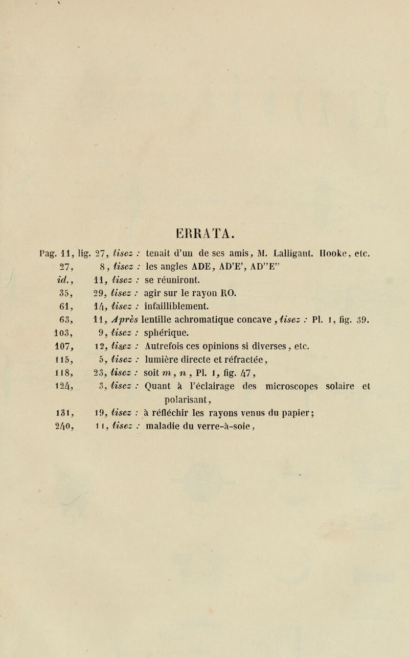 ERRATA. Pag. H, iig. 27, Usez : tenait d'un de ses amis, M. Lalligant. Ilooke, etc. 27, 8, Usez : les angles ADE, AD'E', ADE id., 11, Usez : se réuniront. 35, 29, Usez : agir sur le rayon RO. 61, \l\, Usez : infailliblement. 63, 11, Après lentille achromatique concave ,tisez : PI. l, fig. 39. 103, 9, Usez : spliérique. 107, 12, Usez : Autrefois ces opinions si diverses, etc. 115, 5, Usez : lumière directe et réfractée, 118, 23, Usez : soit m, n , PI. 1, fig. 47 , 124, 3, Usez : Quant a l'éclairage des microscopes solaire et polarisant, 131, 19, Usez : à réfléchir les rayons venus du papier; 2Z|0, H, Usez: maladie du verre-à-soie,