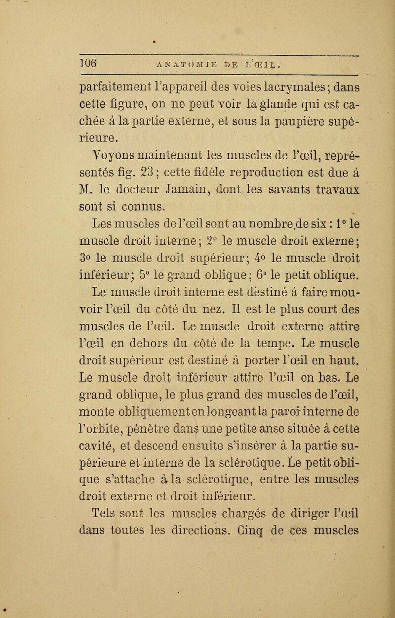 parfaitement l'appareil des voies lacrymales ; dans cette figure, on ne peut voir la glande qui est ca- chée à la partie externe, et sous la paupière supé- rieure. Voyons maintenant les muscles de l'œil, repré- sentés fig. 23 ; cette fidèle reproduction est due à M. le docteur Jamain, dont les savants travaux sont si connus. Les muscles de l'œil sont au nombre.de six : 1° le muscle droit interne; 2° le muscle droit externe; 3° le muscle droit supérieur; 4° le muscle droit inférieur; 5° le grand oblique; 6° le petit oblique. Le muscle droit interne est destiné à faire mou- voir l'œil du côté du nez. Il est le plus court des muscles de l'œil. Le muscle droit externe attire l'œil en dehors du côté de la tempe. Le muscle droit supérieur est destiné à porter l'œil en haut. Le muscle droit inférieur attire l'œil en bas. Le grand oblique, le plus grand des muscles de l'œil, monte obliquement en longeant la paroi interne de l'orbite, pénètre dans une petite anse située à cette cavité, et descend ensuite s'insérer à la partie su- périeure et interne de la sclérotique. Le petit obli- que s'attache à la sclérotique, entre les muscles droit externe et droit inférieur. Tels sont les muscles chargés de diriger l'œil dans toutes les directions. Cinq de ces muscles