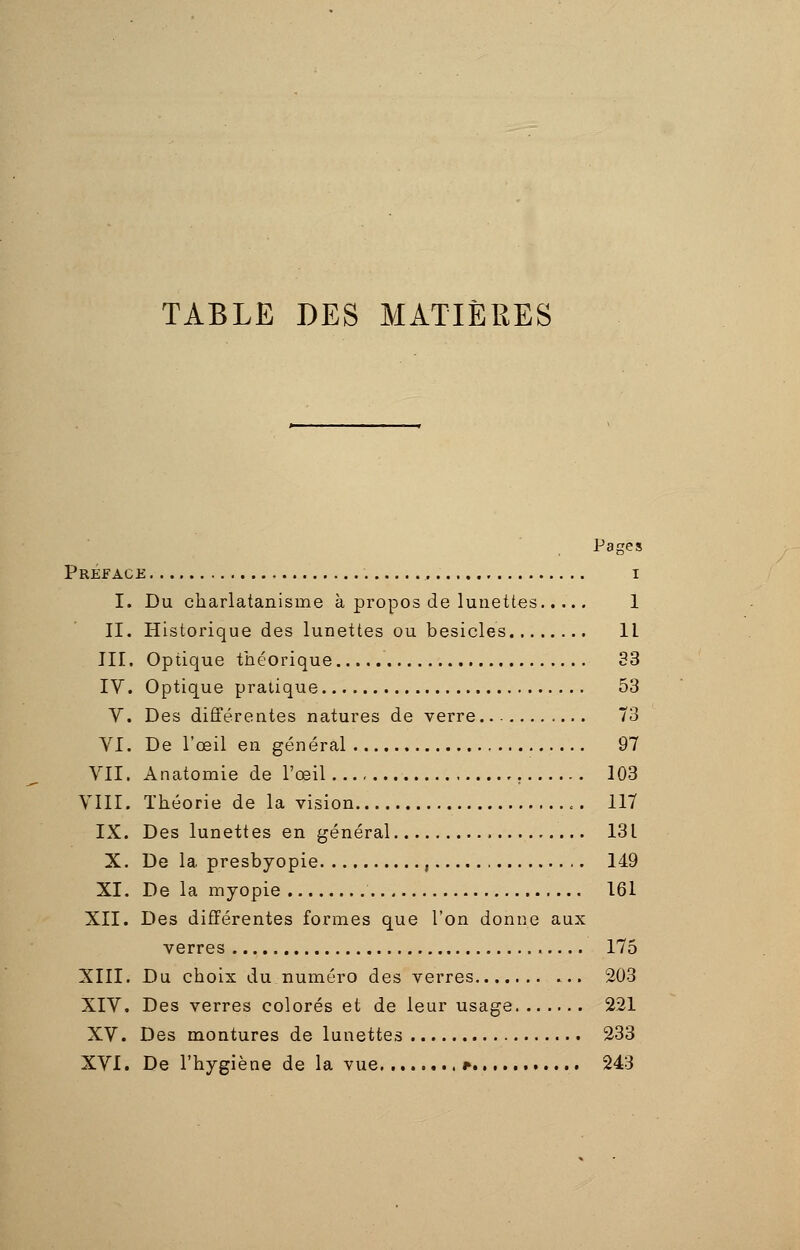 TABLE DES MATIÈRES Pages Préface i I. Du charlatanisme à propos de lunettes 1 II. Historique des lunettes ou besicles Il III. Optique théorique 33 IV. Optique pratique 53 V. Des différentes natures de verre... 73 VI. De l'œil en général 97 VII. Anatomie de l'œil 103 VIII. Théorie de la vision ,. 117 IX. Des lunettes en général 131 X. De 1a presbyopie , 149 XI. De la myopie 161 XII. Des différentes formes que l'on donne aux verres 175 XIII. Du choix du numéro des verres 203 XIV. Des verres colorés et de leur usage 221 XV. Des montures de lunettes 233 XVI. De l'hygiène de la vue * 243