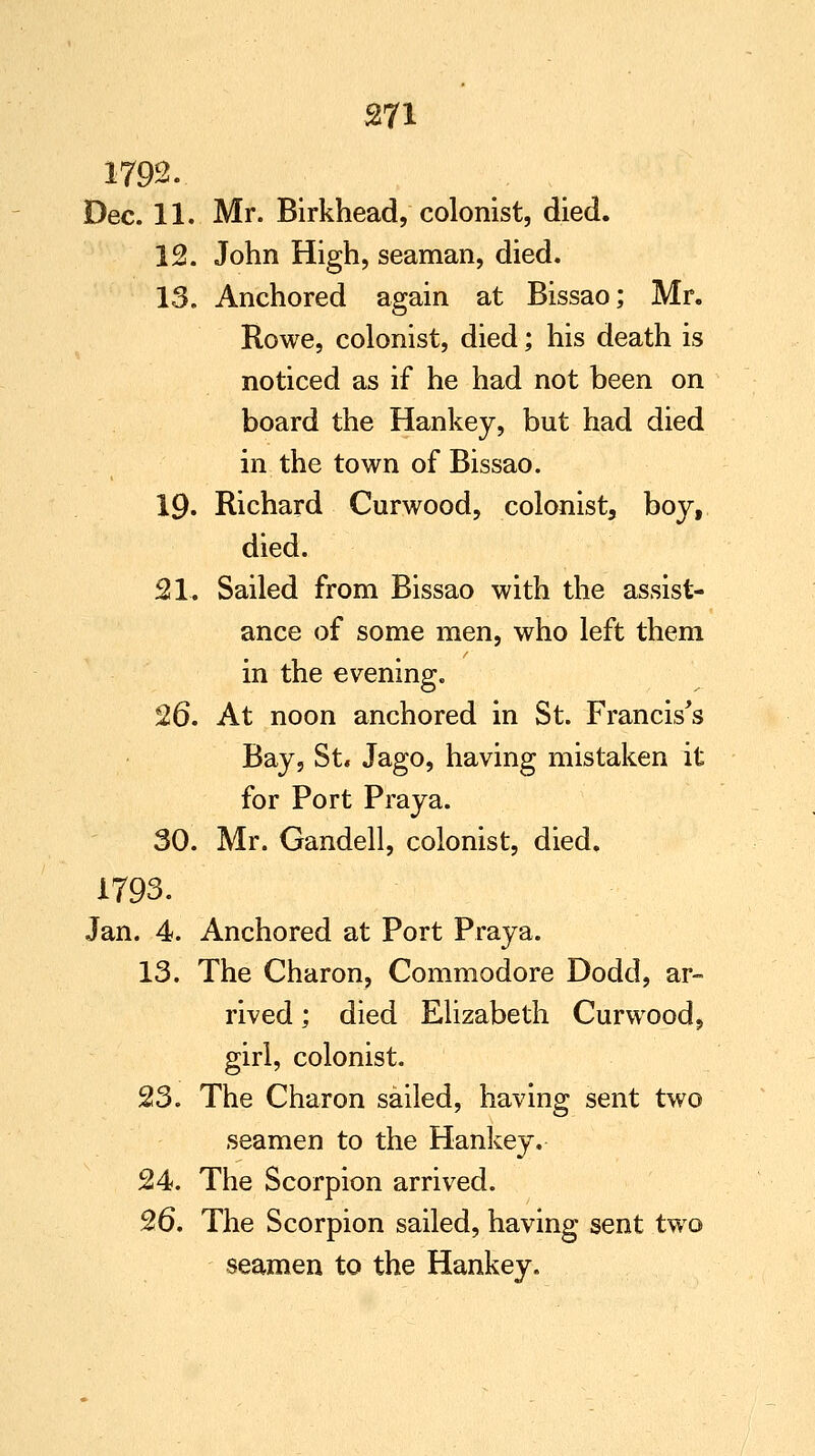 371 1792. Dec. 11. Mr. Birkhead, colonist, died. 12. John High, seaman, died. 13. Anchored again at Bissao; Mr. Rowe, colonist, died; his death is noticed as if he had not been on board the Hankey, but had died in the town of Bissao. 19. Richard Curwood, colonist, boy, died. 21. Sailed from Bissao with the assist- ance of some men, who left them in the evening. 26. At noon anchored in St. Francis's Bay, St« Jago, having mistaken it for Port Praya. 30. Mr. Gandell, colonist, died, 1793. Jan. 4. Anchored at Port Praya. 13. The Charon, Commodore Dodd, ar- rived ; died Elizabeth Curwood, girl, colonist. 23. The Charon sailed, having sent two seamen to the Hankey. 24. The Scorpion arrived. 26. The Scorpion sailed, having sent two seamen to the Hankey.