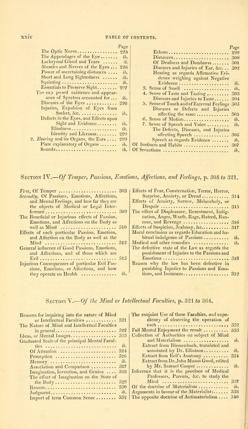 Page The Optic Nerve 295 The Appendages of the Eye ih. Lachrymal Gland and Tears ib. Muscles and Nerves of the Eyes ... 296 Power of ascertaining distances .... ih. Short and Long Sightedness ih. Squinting ib. Essentials to Preserve Sight 297 The sup posed existence and appear- ance of Spectres accounted for ... ib. Diseases of the Eyes 298 Injuries, Expulsion of Eyes from Socket, &c ib. Defects in the Eyes, and Effects upon Sight and Evidence ib. Blindness ib. Identity and Likeness 299 Hearing and its Organs, the Ears .... 299 Plate explanatory of Organs ih. Sounds ib. Page Echoes 299 Distances 300 Of Deafness and Dumbness 301 Diseases and Injuries of Ear, &c. .. 302 Hearing as regards Affirmative Evi- dence -weighing against Negative Evidence ib, S. Sense of Smell ib. 4. Sense of Taste and Tasting 303 Diseases and Injuries to Taste 304 5. Senseof Touch and of External Feelings 303 Diseases or Defects and Injuries aifecting the same 305 6. Sense of Motion ib. 7. Sense of Speech and Voice ib. The Defects, Diseases, and Injuries aff'ecting Speech 306 Speech as regards Evidence ib. Of Instincts and Habits 307 Of Sensations ib. Section IV.—0/ Temper, Passions, Emotions, Affections, and Feelings, p. 308 to 321, First, Of Temper 308 Secondly, Of Passions, Emotions, Affections, and Mental Feelings, and how far they are the objects of Medical or Legal Inter- ference 309 The Beneficial or Injurious effects of Passion, Emotions, and Affections on the Body as well as Mind 310 Effects of each particular Passion, Emotion, and Affection on the Body as well as the Mind 312 General influence of Good Passions, Emotions, and Affections, and of those which are Evil 313 Injurious Consequences of particular Evil Pas- sions, Emotions, or Affections, and how they operate on Health ih. Effects of Fear, Consternation, Terror, Horror, Surprise, Anxiety, or Dread 314 Effects of Anxiety, Sorrow, Melancholy, or Despair 315 The effect of Displeasure, Resentment, Indig- nation, Anger, Wrath, Rage, Hatred, Ran- cour, and Revenge 316 Effects of Suspicion, Jealousy, &c 317 Moral conclusion as regards Education and ha- bitual indulgence of Passions o.... ih. Medical and other remedies ib. The defective state of the Law as regards the punishment of Injuries to the Passions and Emotions 318 Reason why the law has been defective in punishing Injuries to Passions and Emo- tions, and Instances 319 Section V.—Of the Mind or Intellectual Faculties, p. 321 to 364. Reasons for inquiring info the nature of Mind or Intellectual Faculties 321 The Nature of Mind and Intellectual Faculties in general 322 Ideas, or Mental Images 323 Graduated Scale of the principal Mental Facul- ties ib. Of A ttention 324 Perception 326 Memory ib. Association and Comparison 327 Imagination, Invention, and Genius .... 328 The effect of Imagination on the State of the Body 329 Reason 330 Judgment ib. Import of term Common Sense ........ 332 The conjoint Use of these Faculties, and expe- diency of observing the operation of each 332 Full Mental Enjoyment the result 333 Collection of Authorities on subject of Mind and Materialism ib. Extract from Bluraenbach, translated and annotated by Dr. Elliotson ib. Extract from Bell's Anatomy 334 Extract from Dr. John Mason Good, edited by Mr. Samuel Cooper ib. Inference that it is the province of Medical Professors, Parents, 6cc. to study the Mind 337 Of the doctrine of Materialism ib. Arguments in favour of the Materialists 338 lhe opposite doctrine of Antimaterialism .... 340